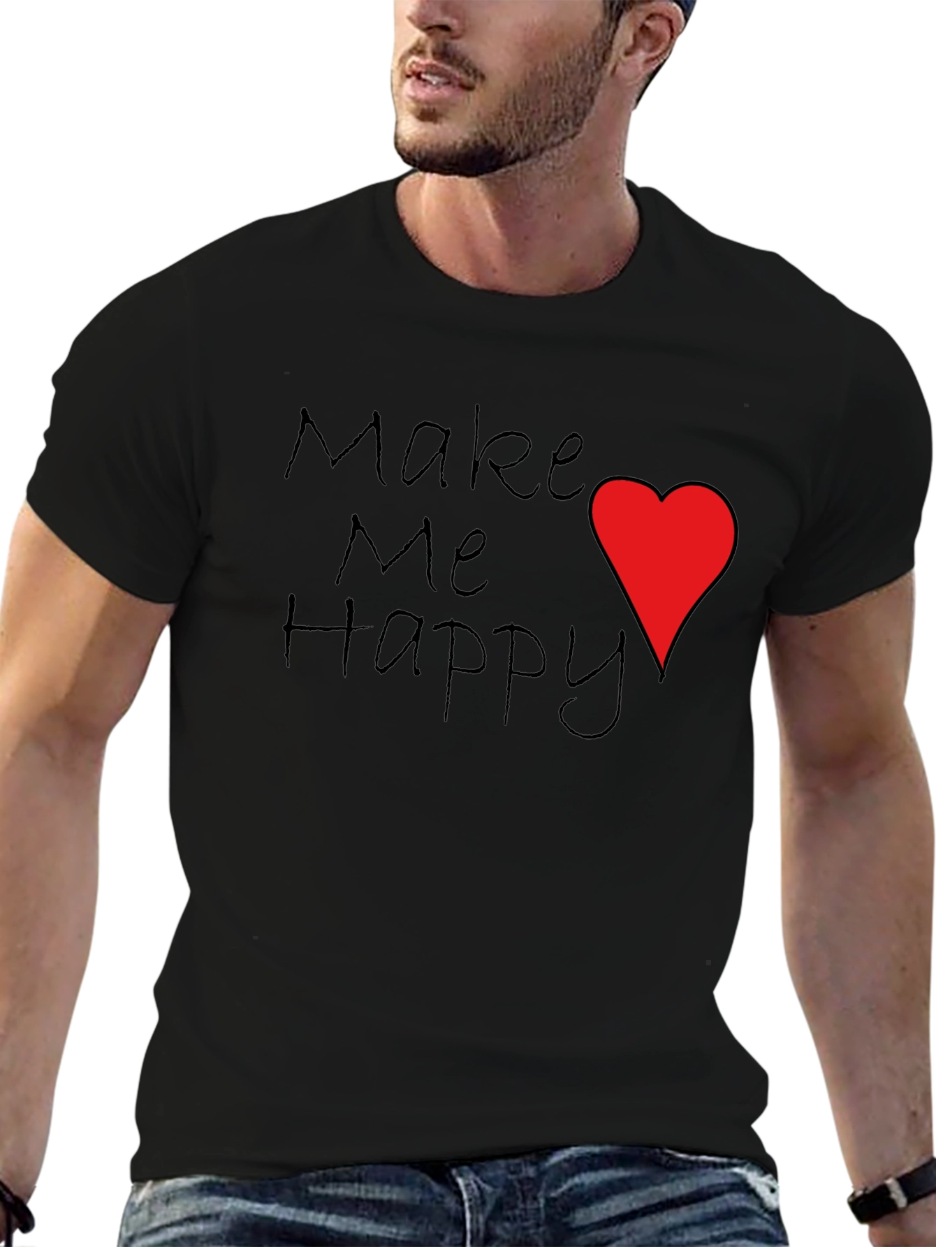 Black Make Me Happy T-Shirt Red Heart Black Tee view 6