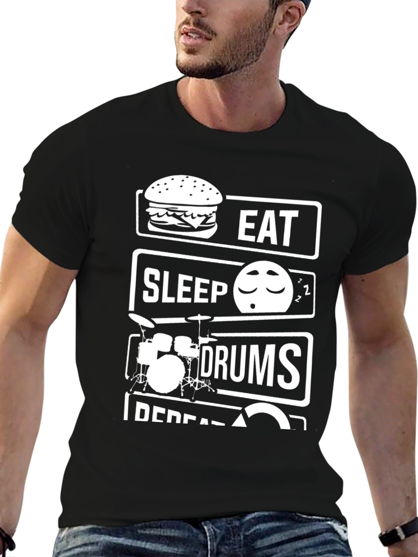 Black Eat Sleep Drums Repeat T-Shirt - Musician Humor view 6