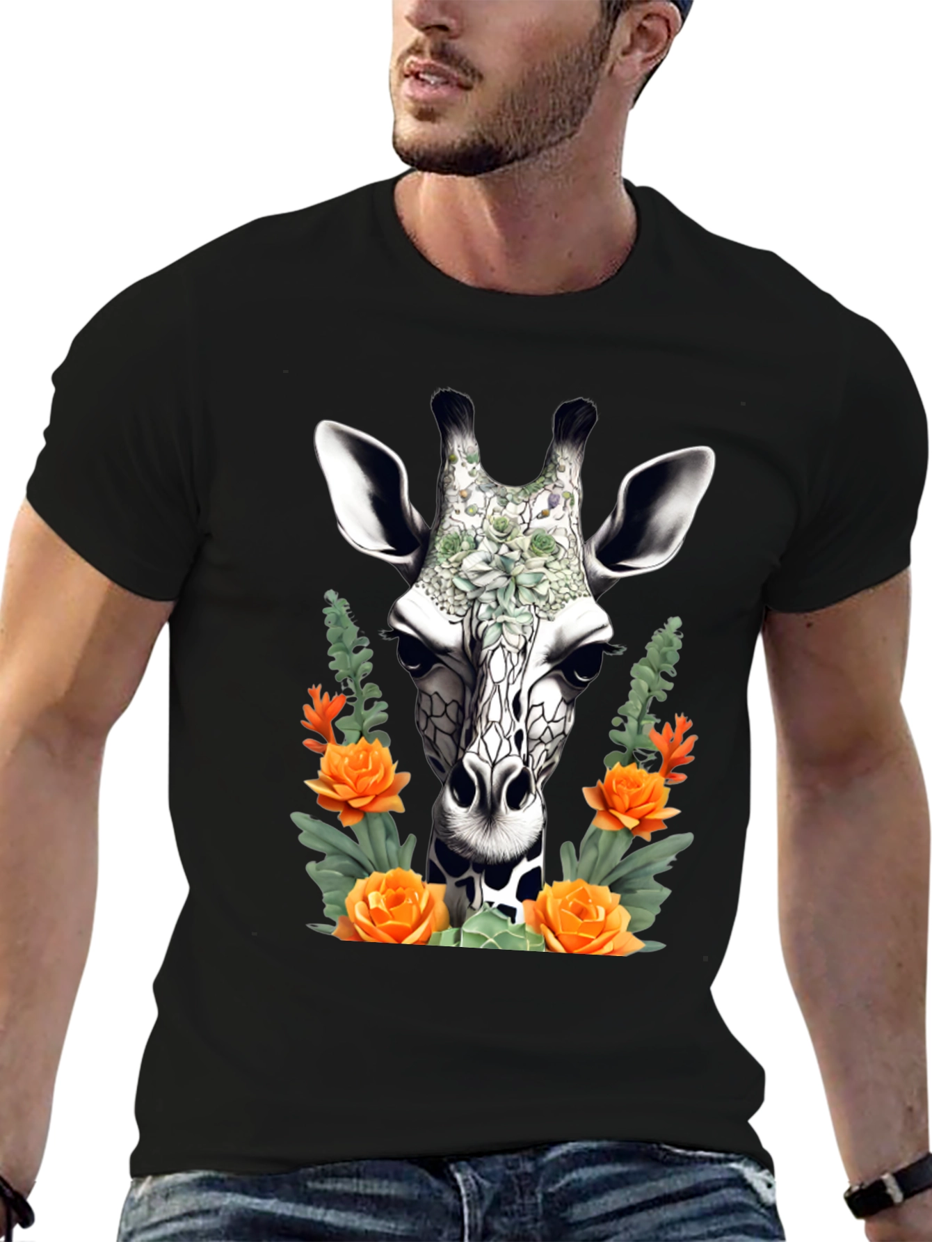 Black Floral Giraffe T-Shirt - Unique Animal Graphic Tee view 6