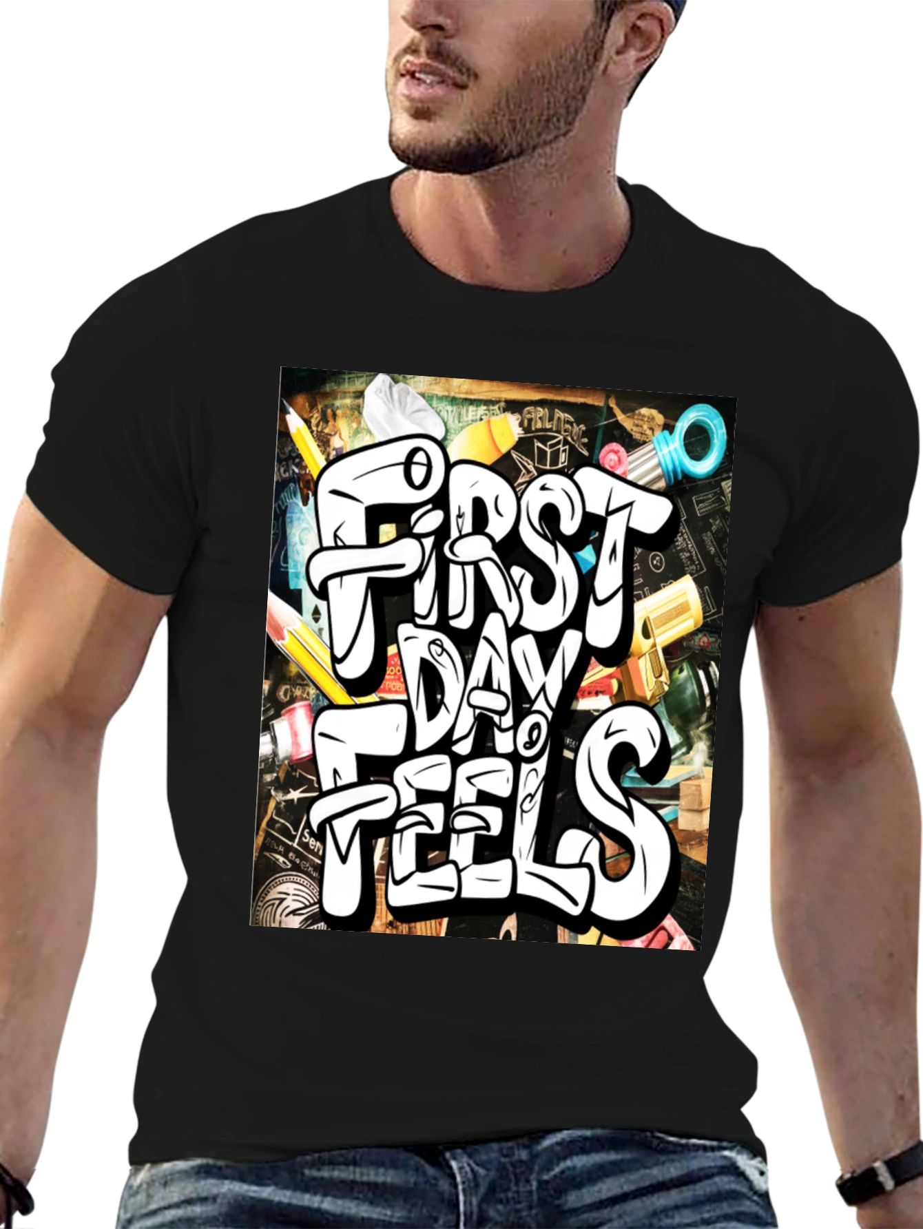 Black First Day Feels Graphic Tee - Cool Back-to-School T-Shirt view 6