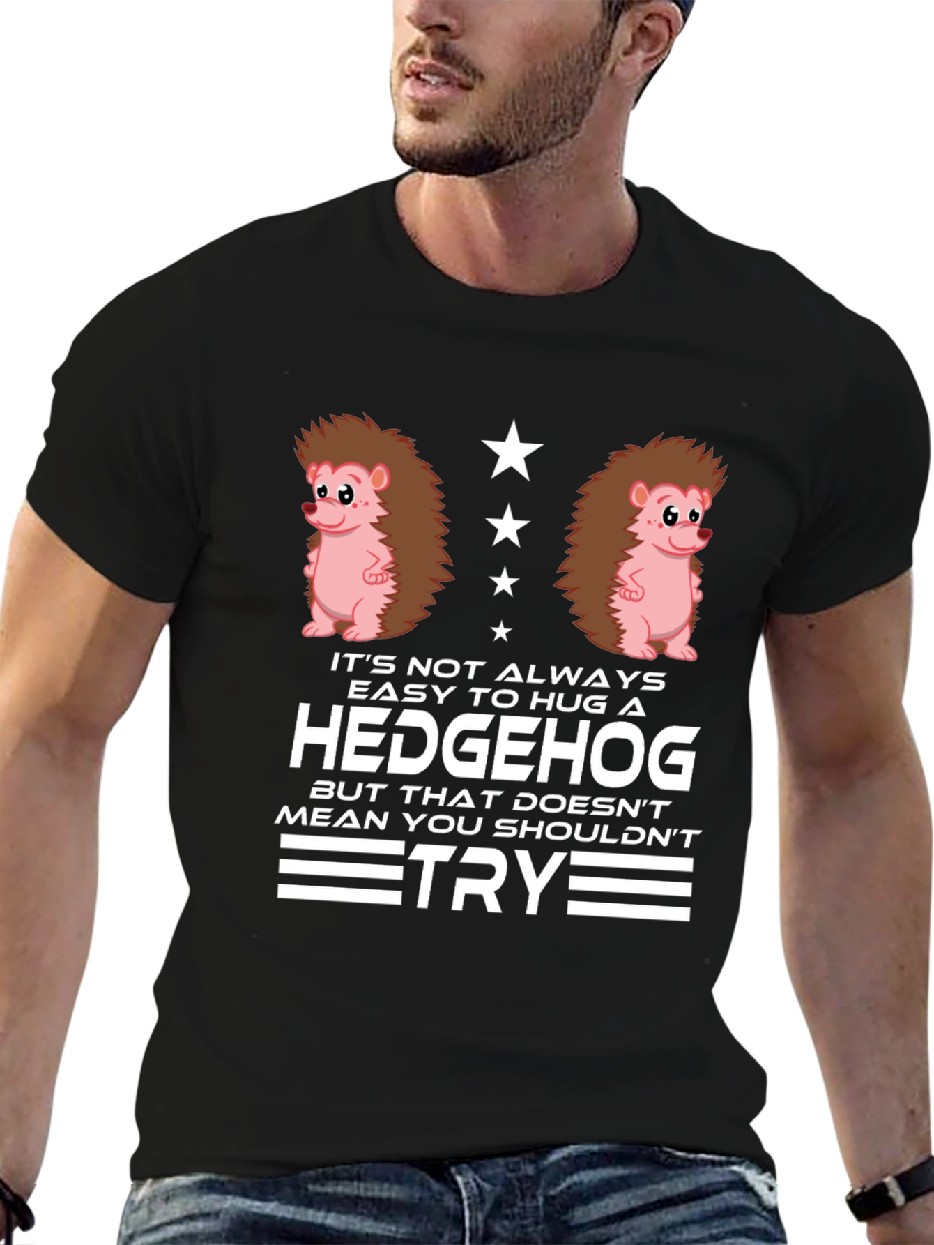 Black Hedgehog Hug Graphic T-Shirt - Funny Animal Tee view 6