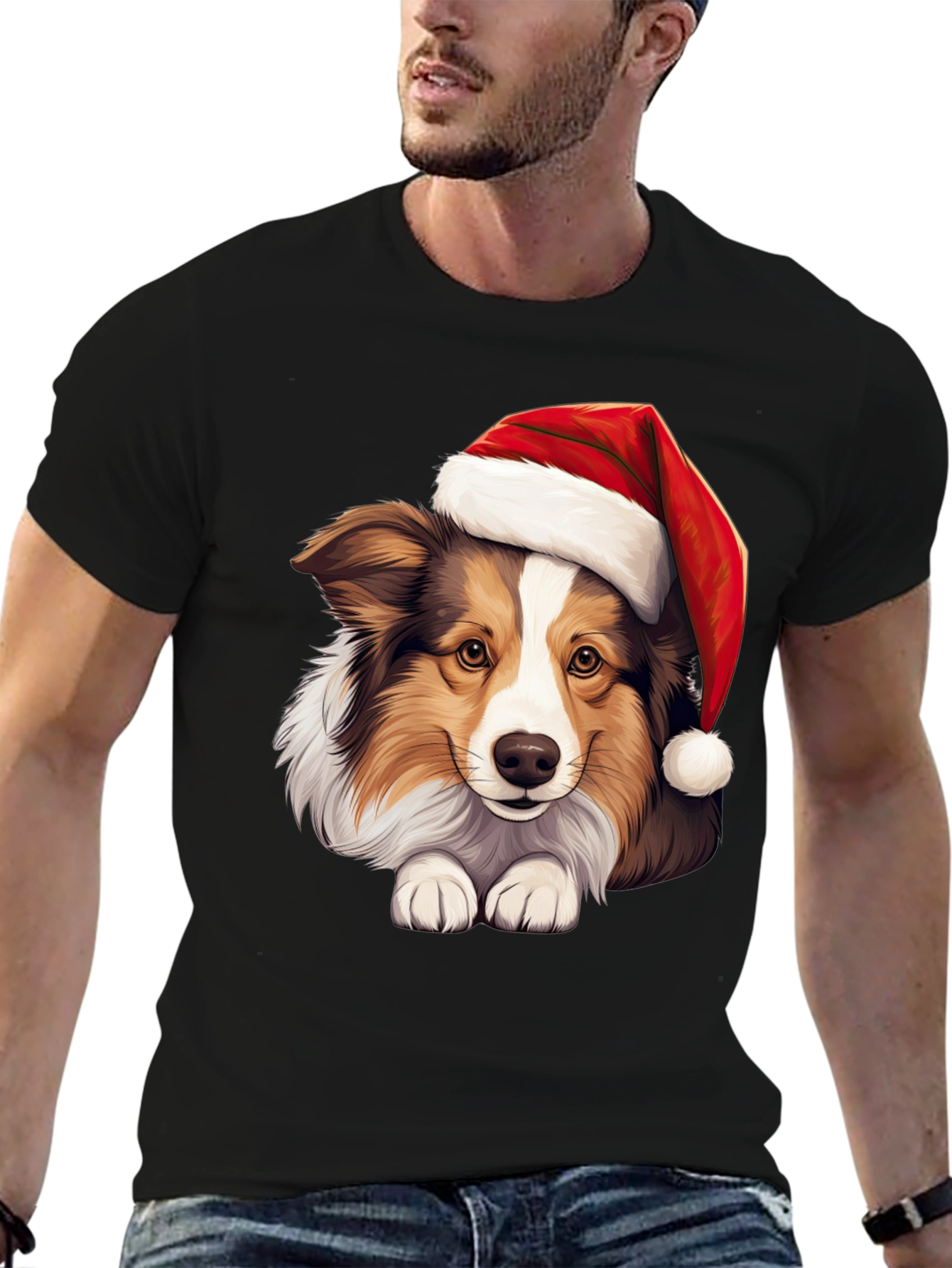 Black Festive Dog T-Shirt: Holiday Collie in Santa Hat view 6