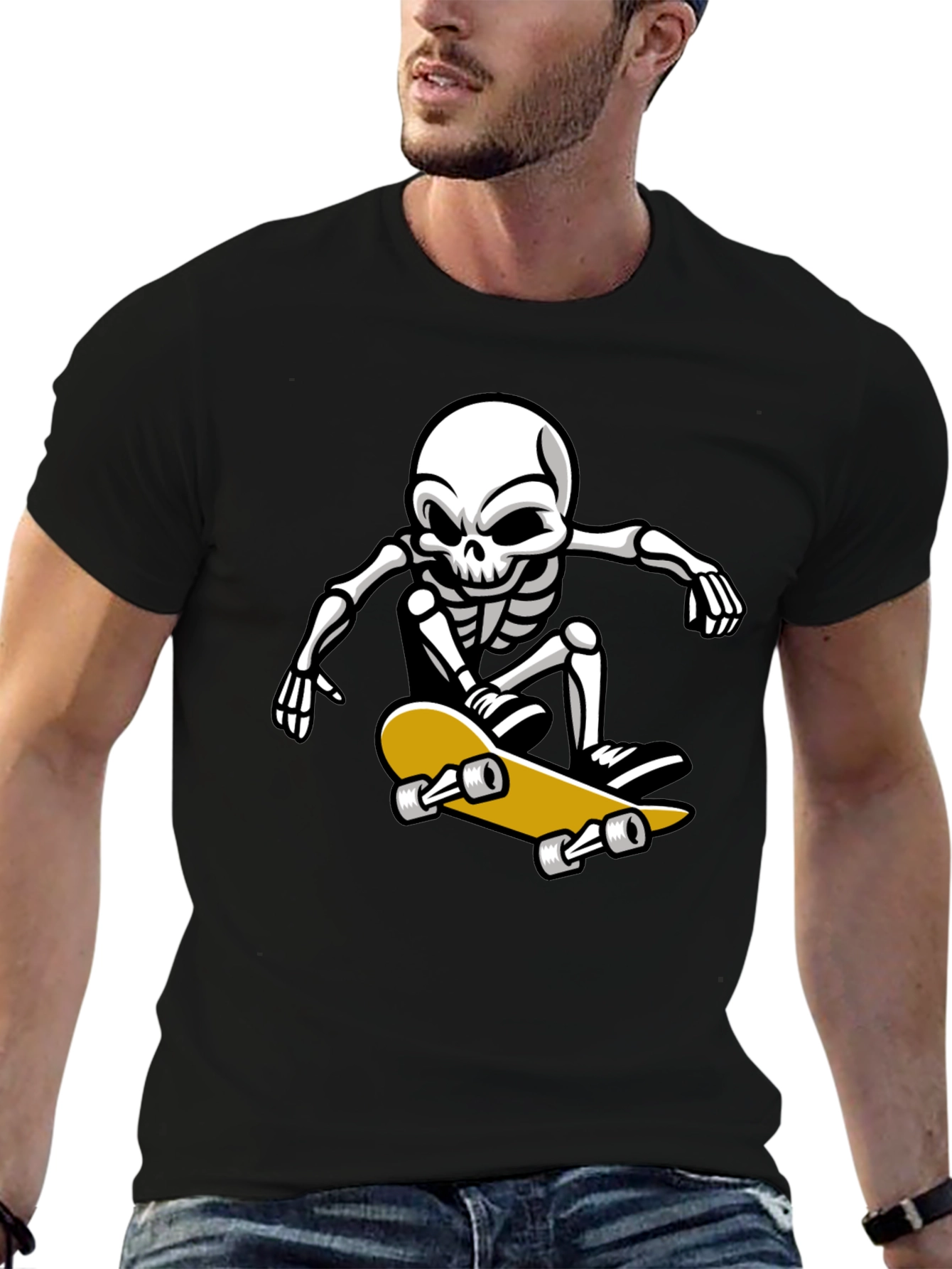 Black Cool Skeleton Skateboarder Graphic T-Shirt view 6