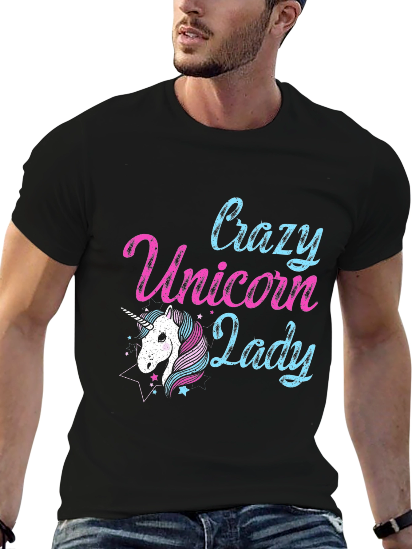 Black Crazy Unicorn Lady T-Shirt - Black view 6