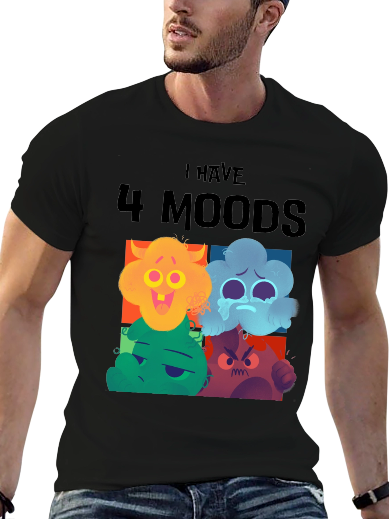 Black 4 Moods T-Shirt, Funny Faces, Black Tee, Casual Wear view 6