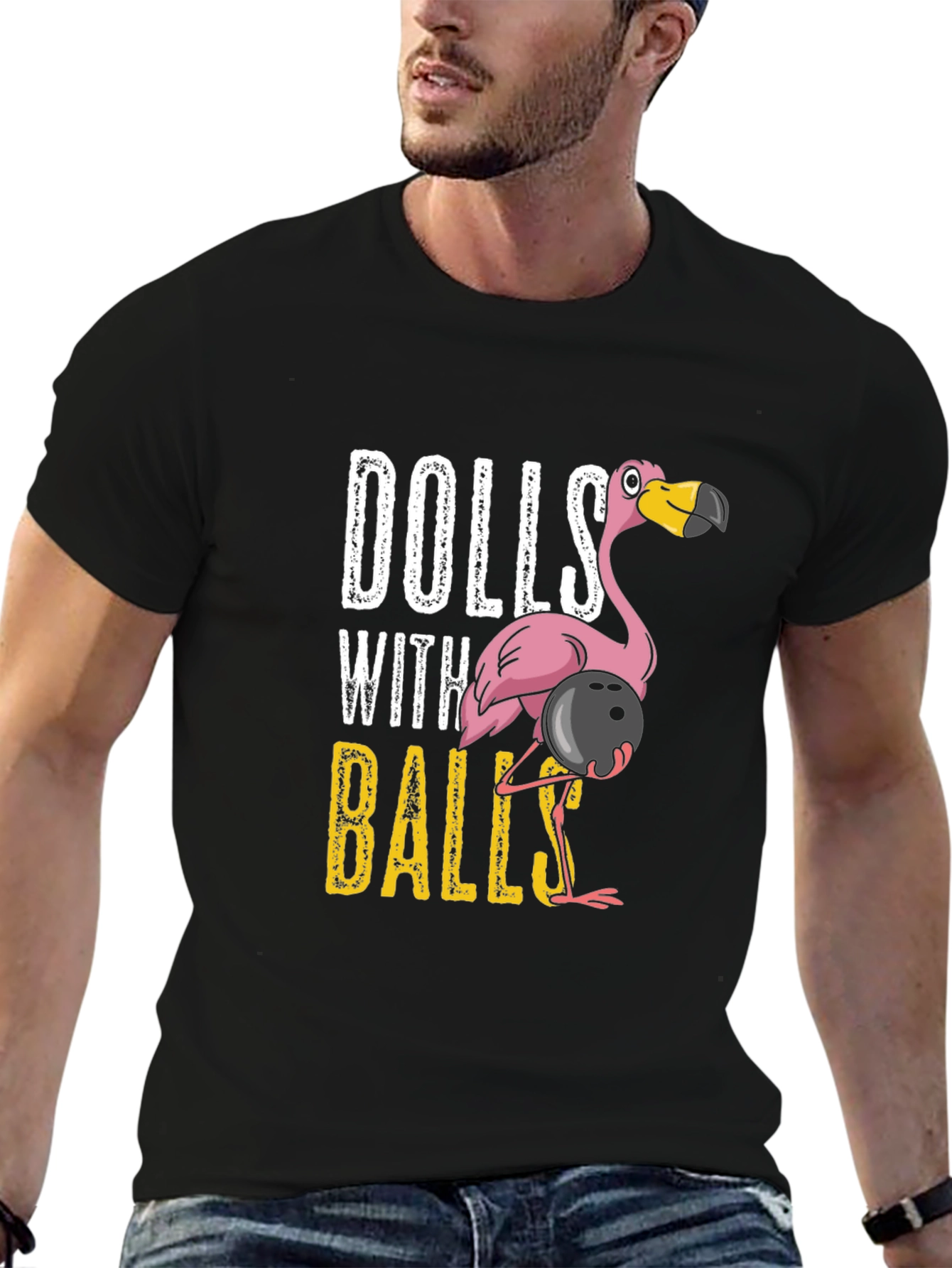 Black Dolls With Balls Flamingo Bowling Graphic T-Shirt view 6