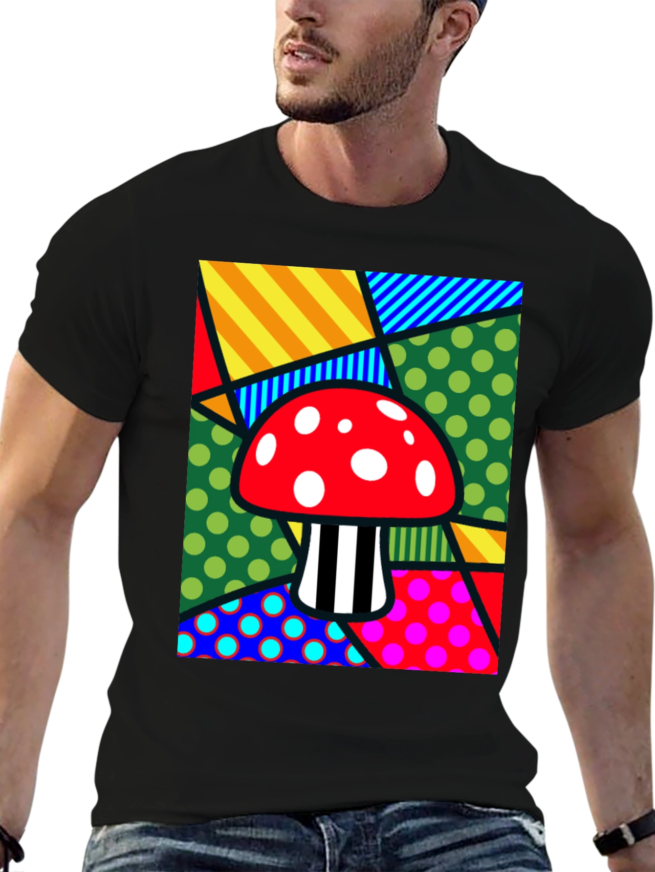 Black Funky Mushroom T-Shirt - Abstract Pop Art Design view 6