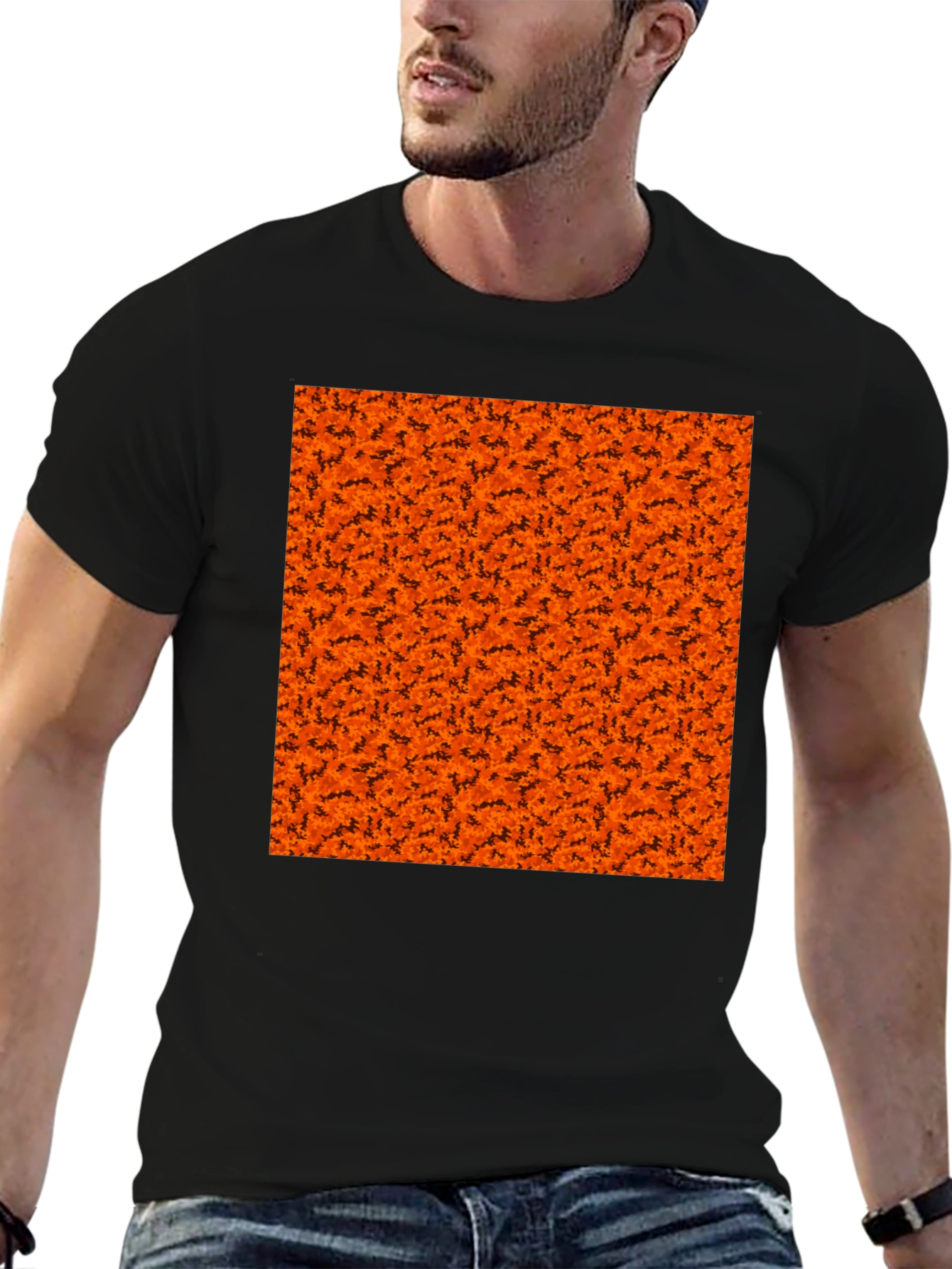 Black Halloween Orange Bats Pattern Black T-Shirt view 6