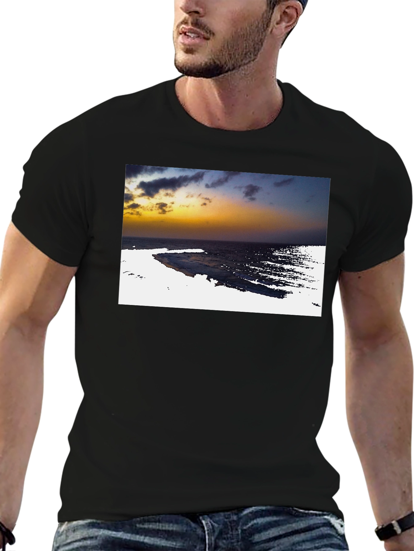 Black Ocean Sunset Graphic Tee - Black Cotton T-Shirt view 6