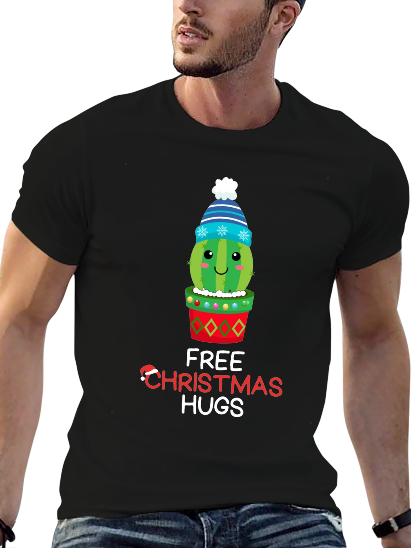 Black Festive Cactus Christmas Hugs T-Shirt view 6