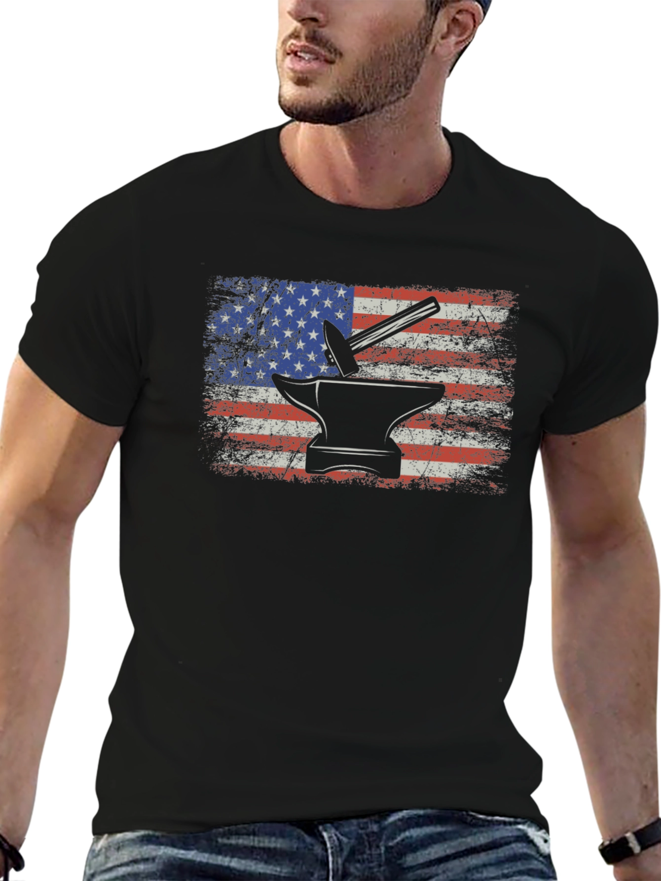 American Flag Blacksmith T-Shirt - Patriotic Anvil Hammer Tee - 6