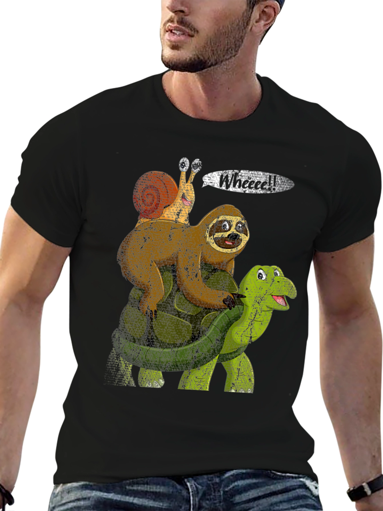 Black Sloth, Snail, Turtle Wheeee! Funny T-Shirt view 6