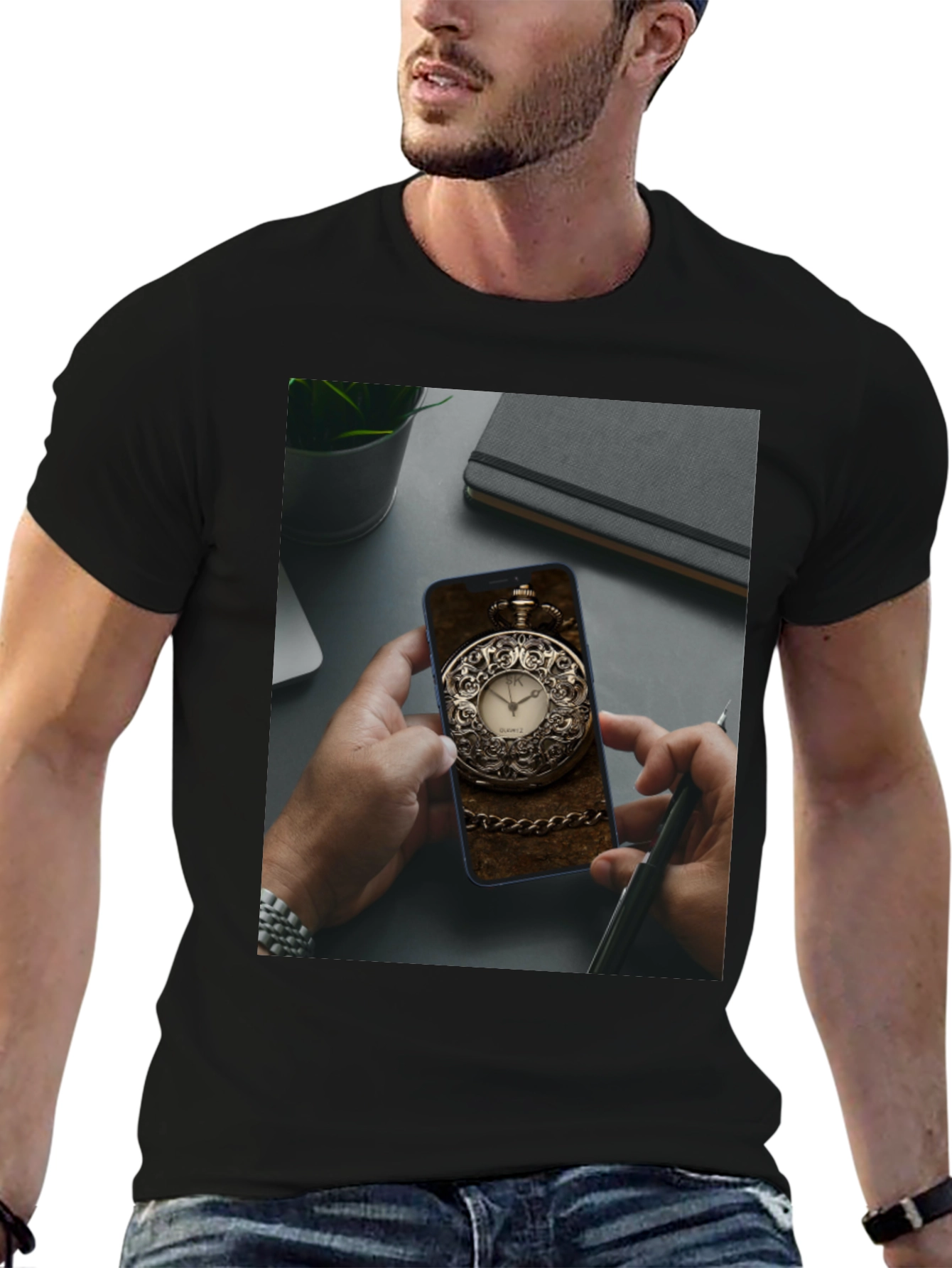 Black Pocket Watch Phone Case Tee view 6
