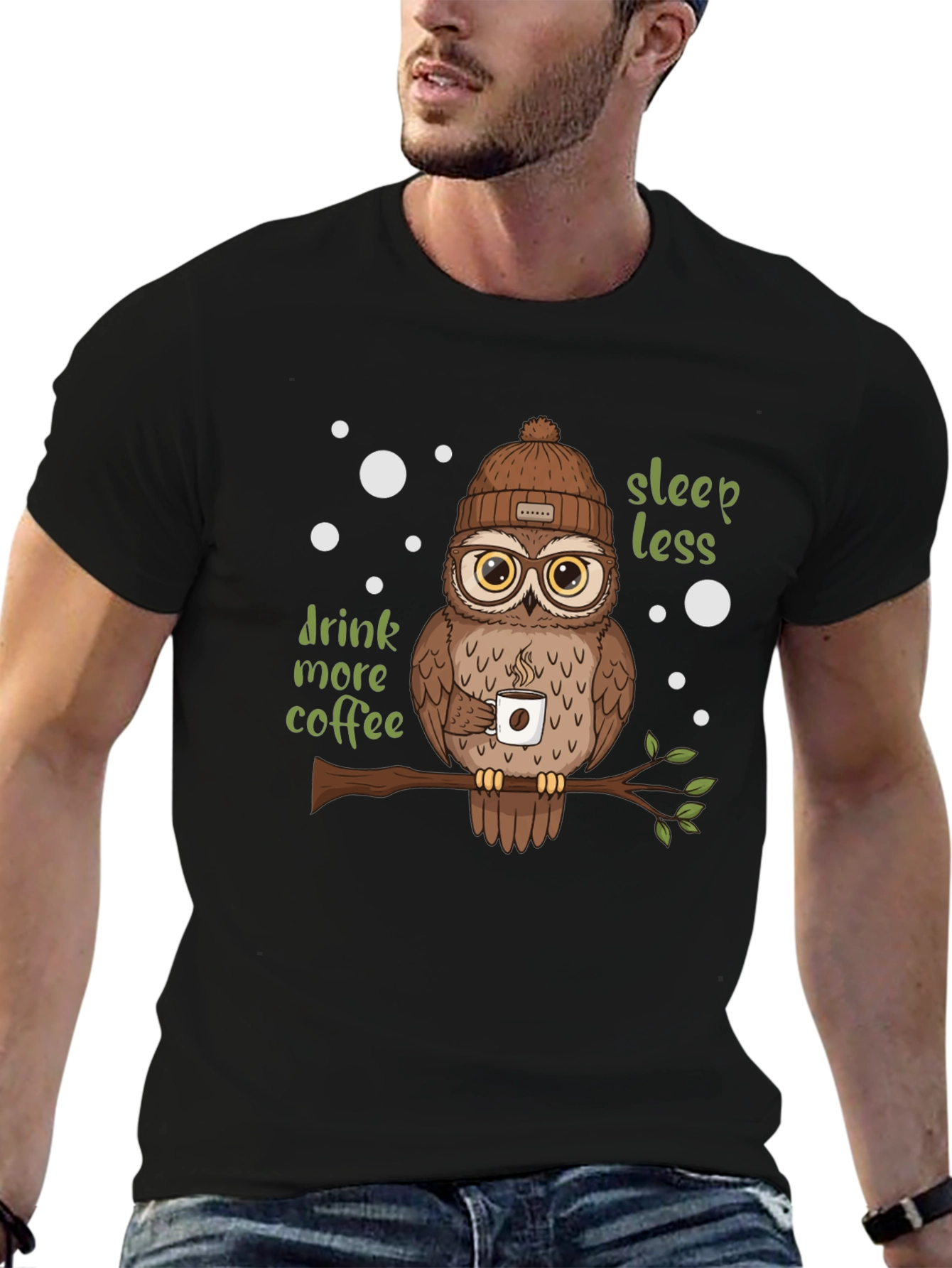 Black Owl Lover T-Shirt - Sleep Less Drink More Coffee view 6