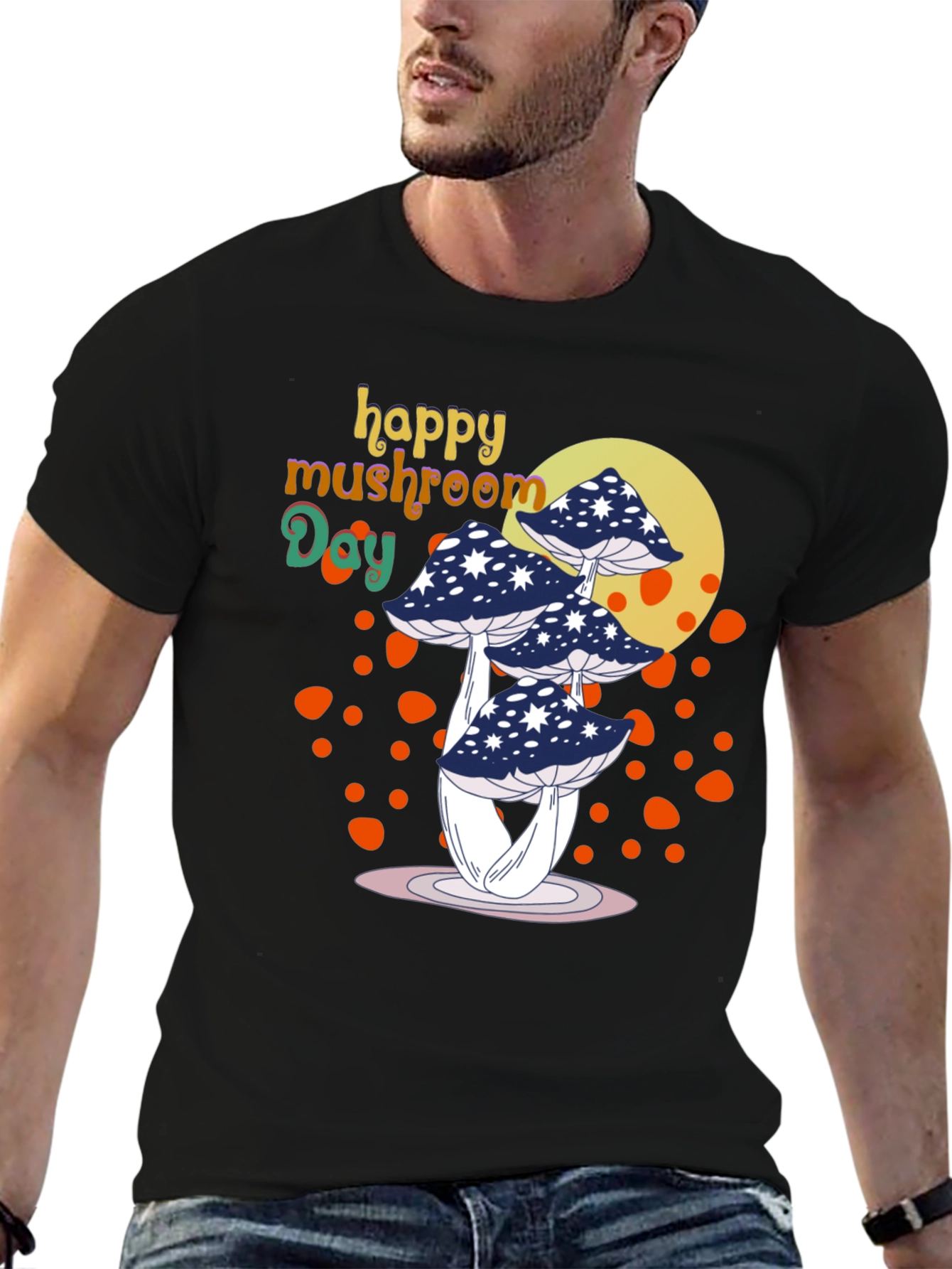 Black Happy Mushroom Day T-Shirt - Unique Graphic Tee view 6