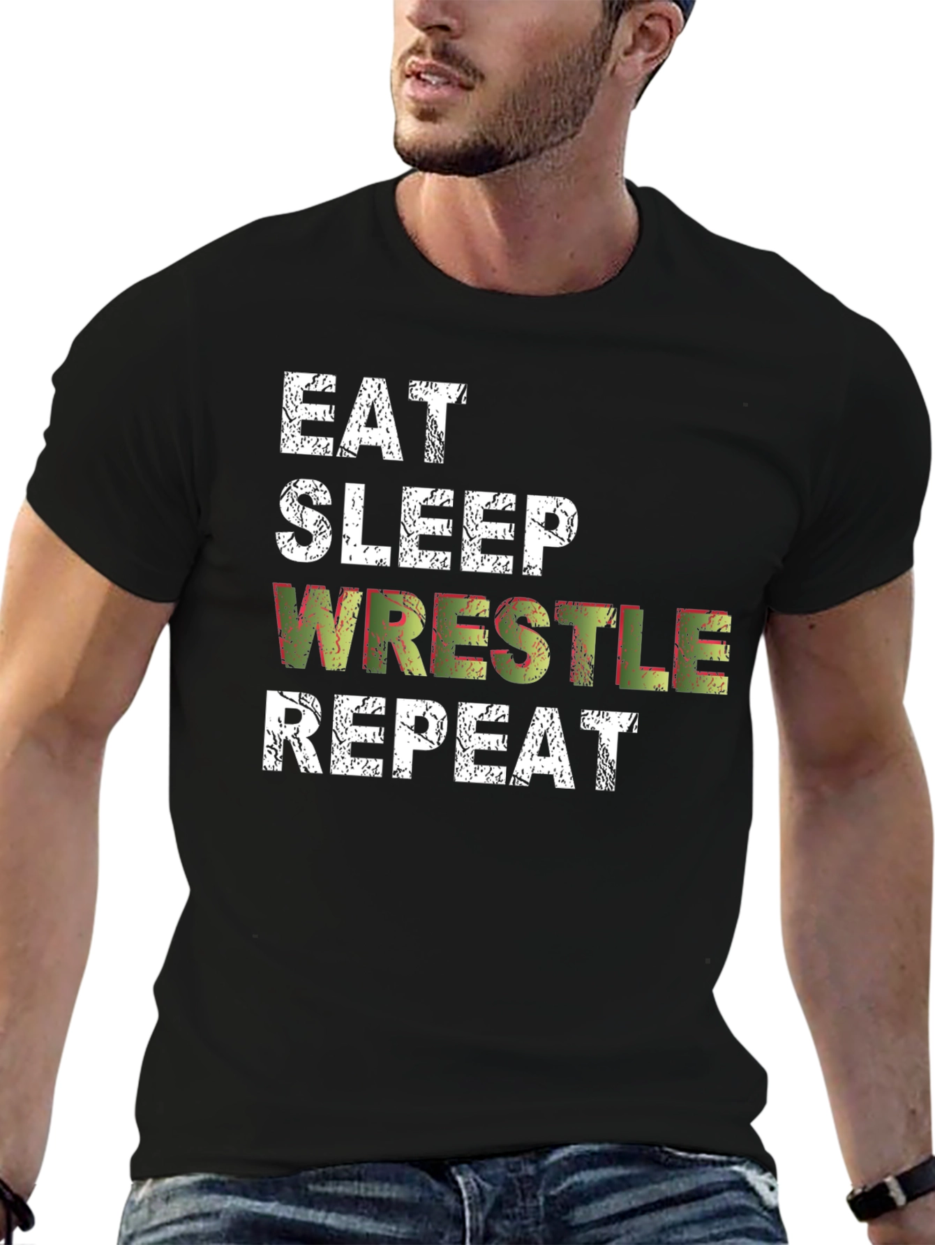 Black Eat Sleep Wrestle Repeat Black T-Shirt view 6