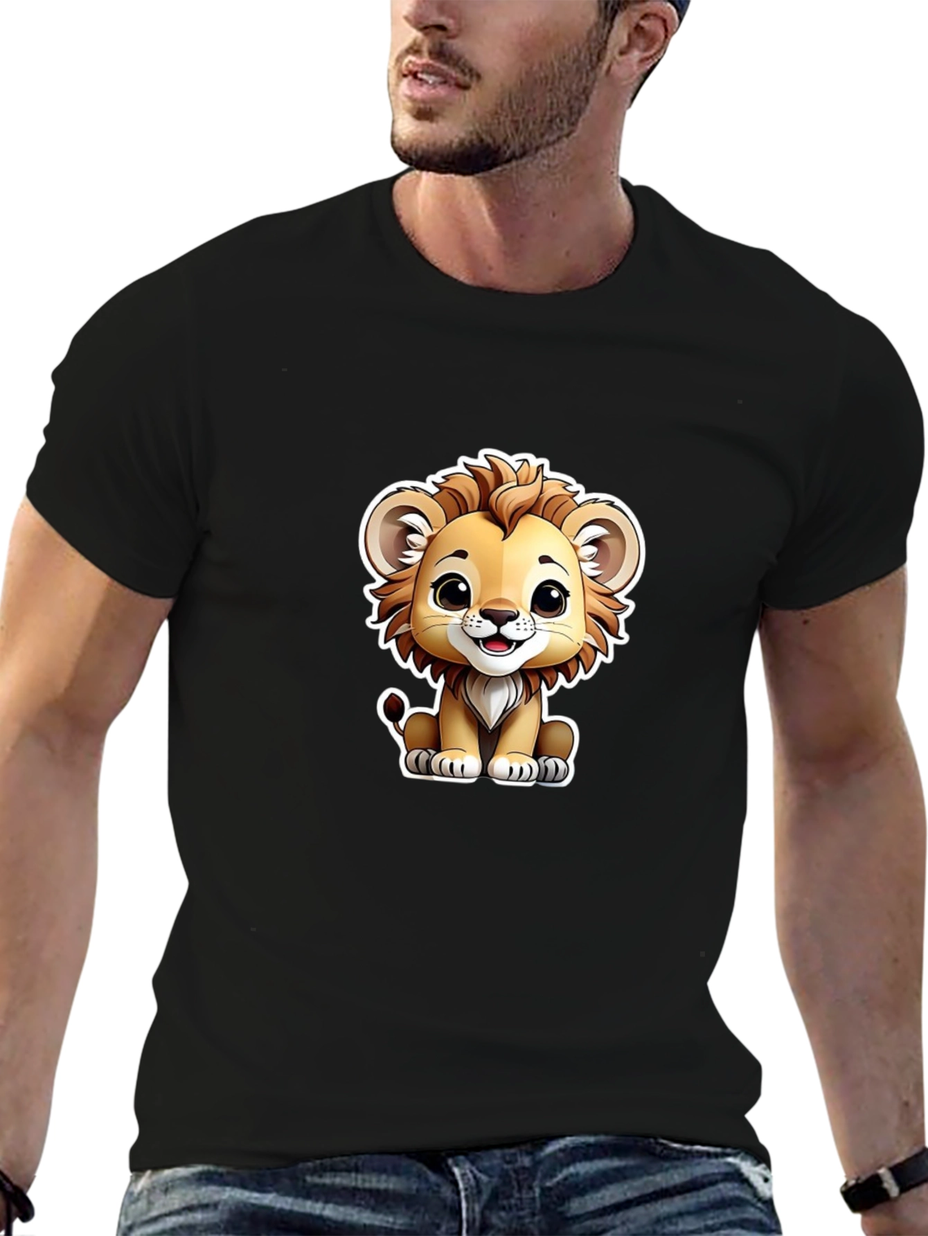 Black Cute Lion Graphic Tee - Black Cotton T-Shirt view 6