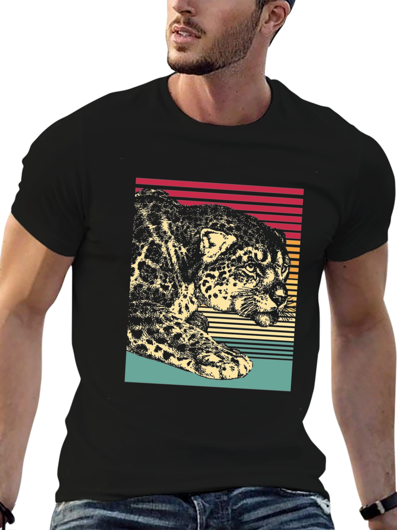 Black Retro Jaguar Graphic Tee - Black Cotton Blend view 6