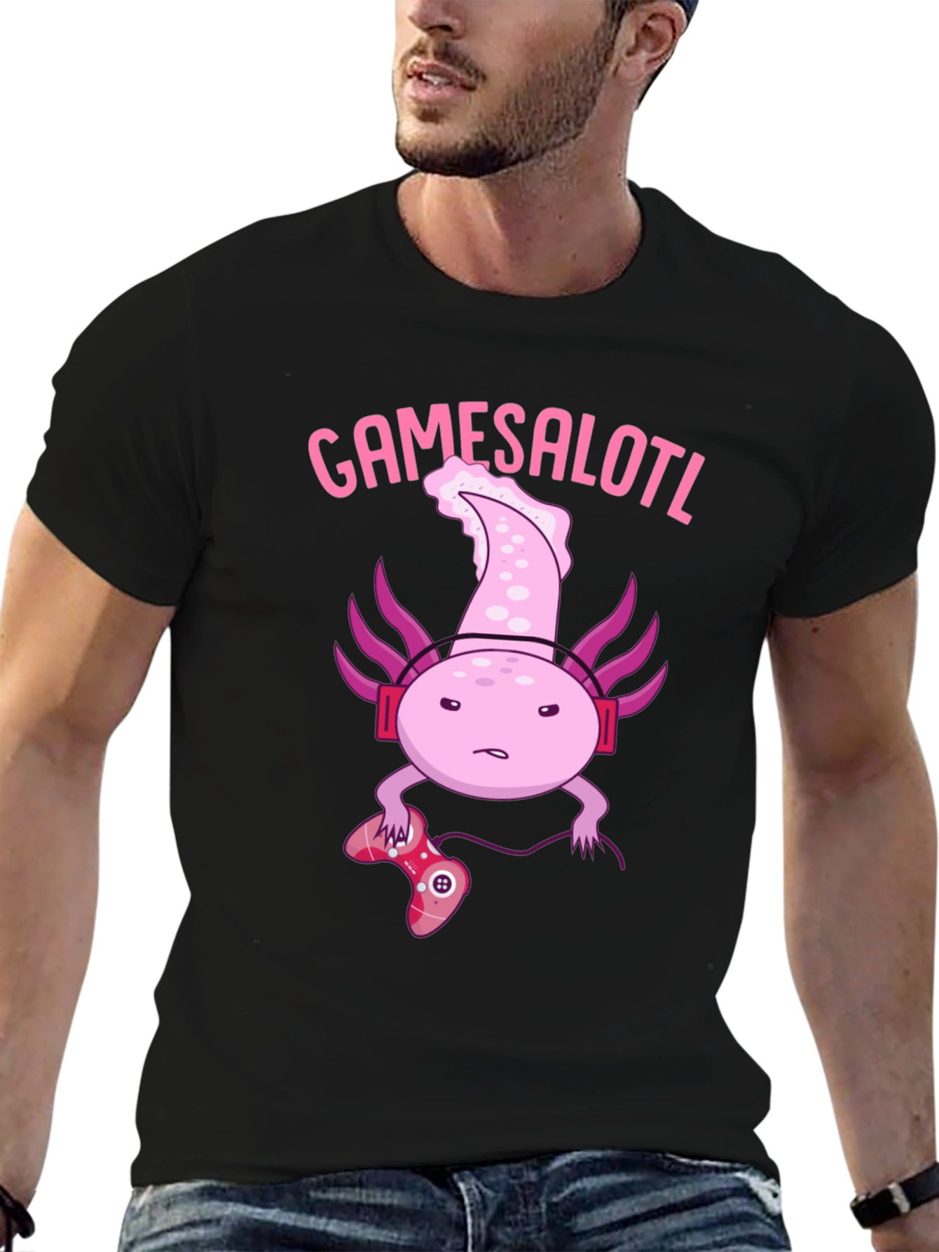 Black Gamesalotl Gamer Axolotl Black Graphic T-Shirt view 6