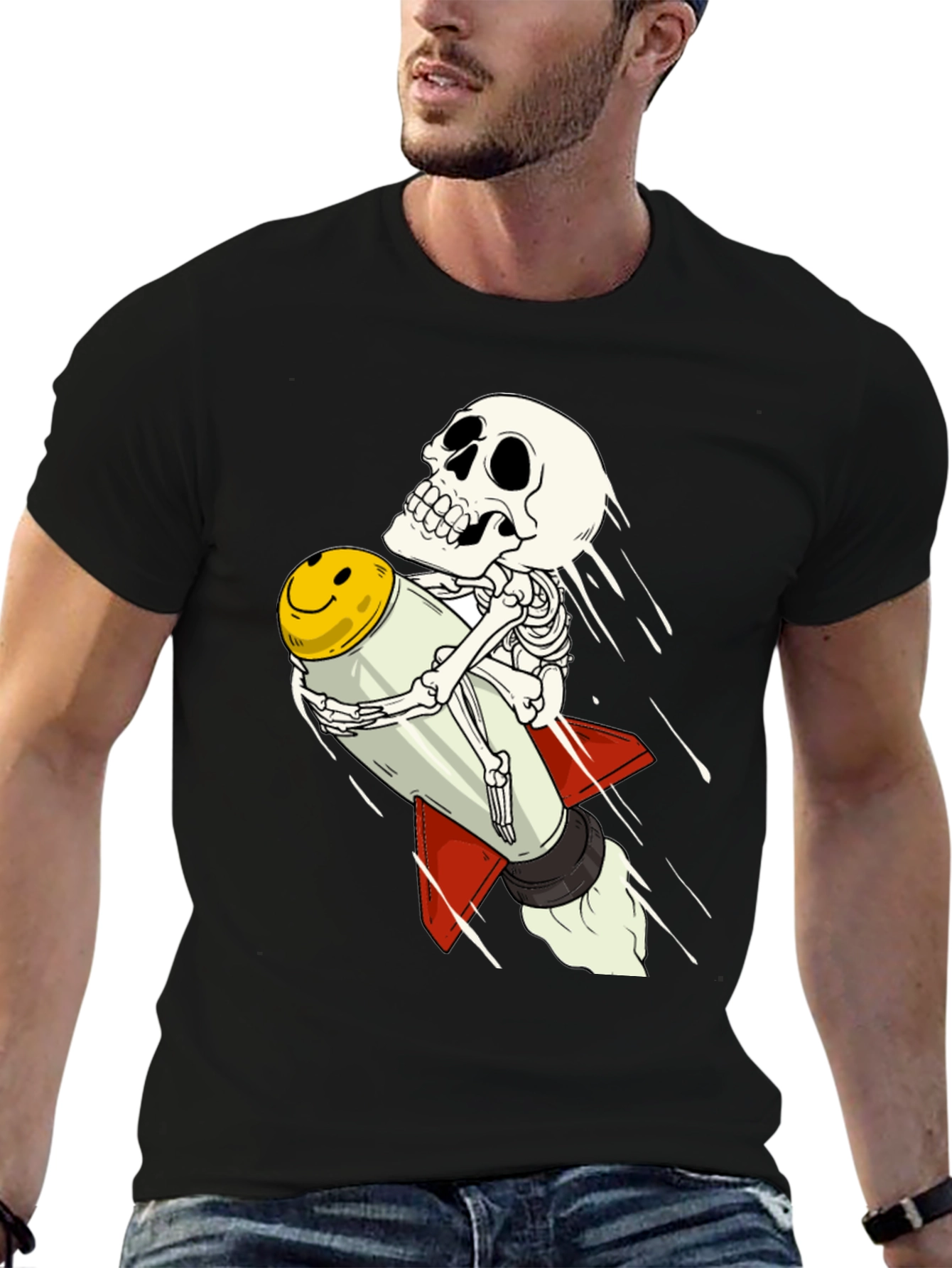 Black Skeleton Rocket Rider T-Shirt - Black Cotton Tee view 6