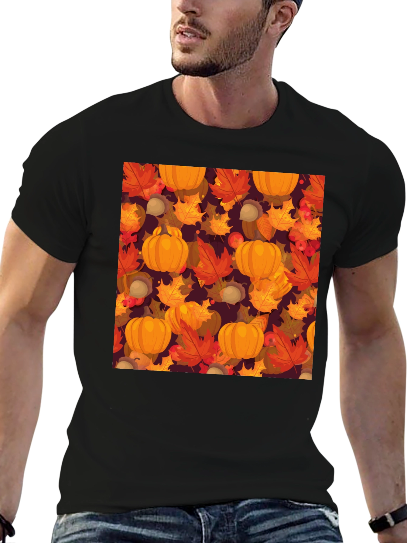 Fall Harvest T-Shirt: Pumpkins & Autumn Leaves Pattern - 6