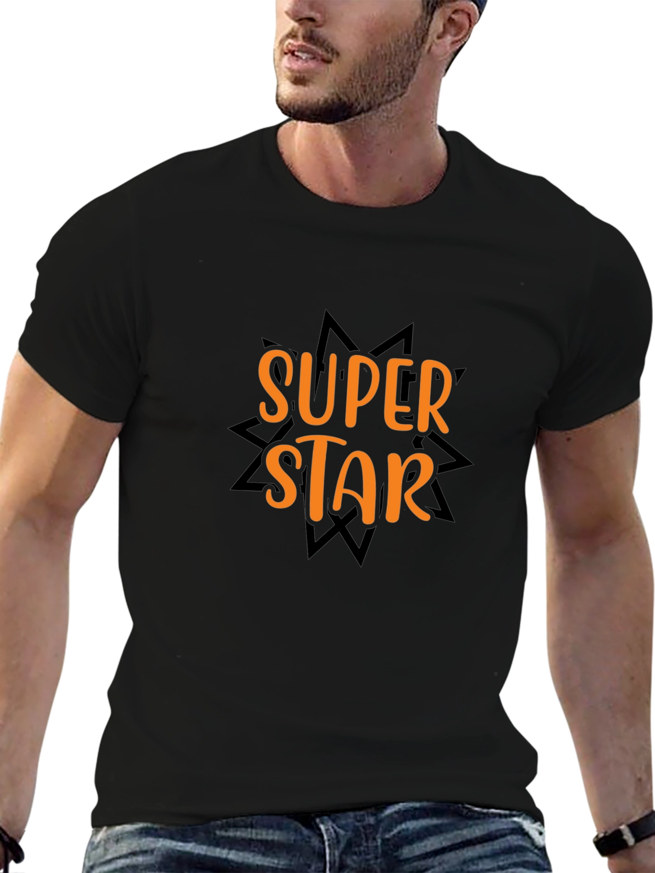 Black Super Star Graphic Tee - Black Cotton T-Shirt view 6
