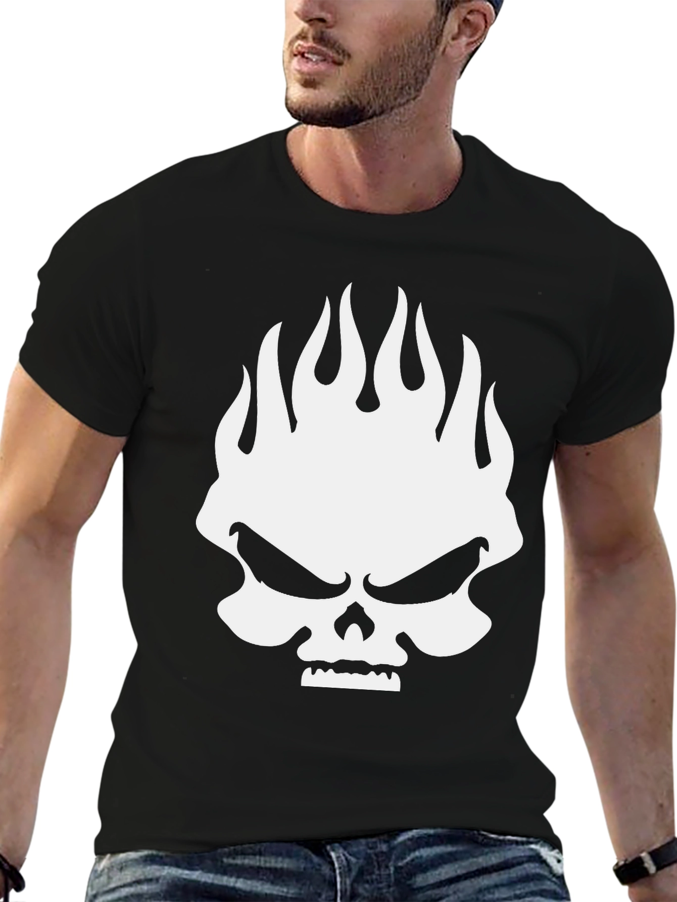 Black Skull Flames Graphic Print Men's Black T-Shirt view 6