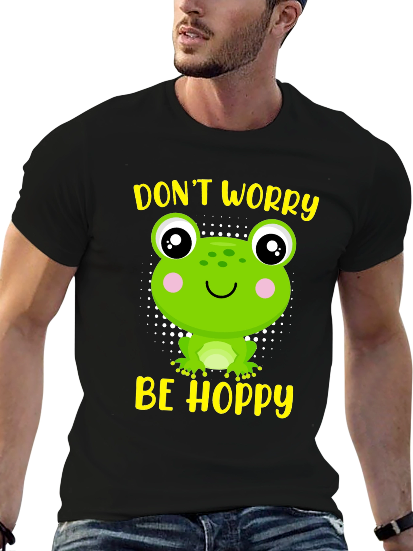 Black Don't Worry Be Hoppy Frog Graphic Tee view 6