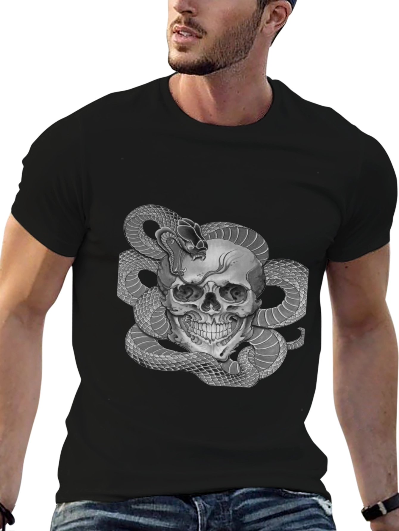 Black Skull & Snake Graphic Tee - Men's Black T-Shirt view 6