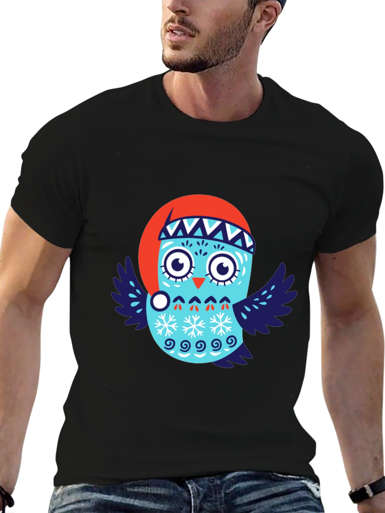 Black Festive Owl T-Shirt - Holiday Design view 6
