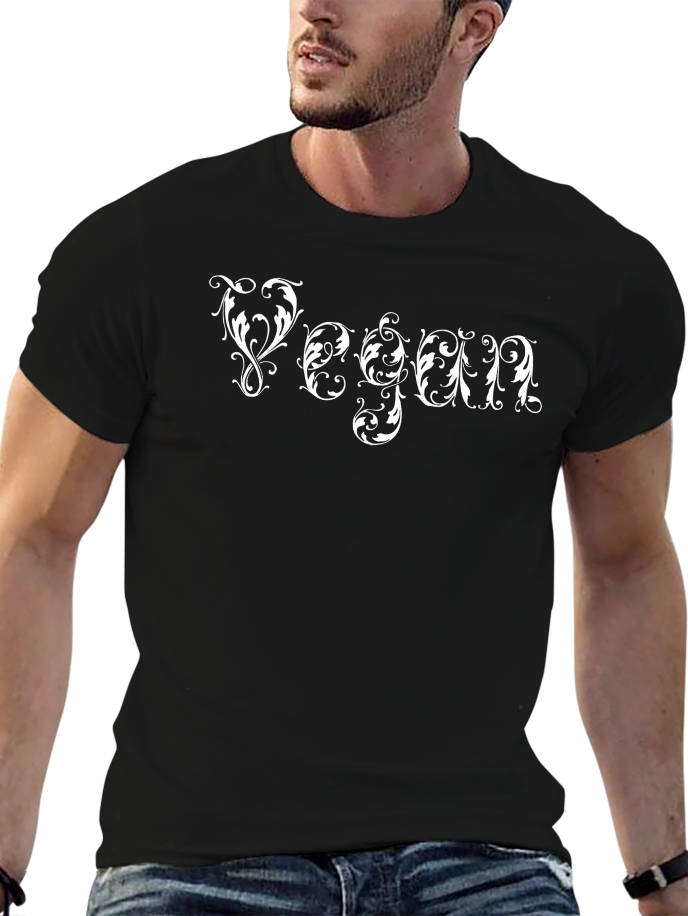 Black Vegan Ornamental Script Black T-Shirt view 6