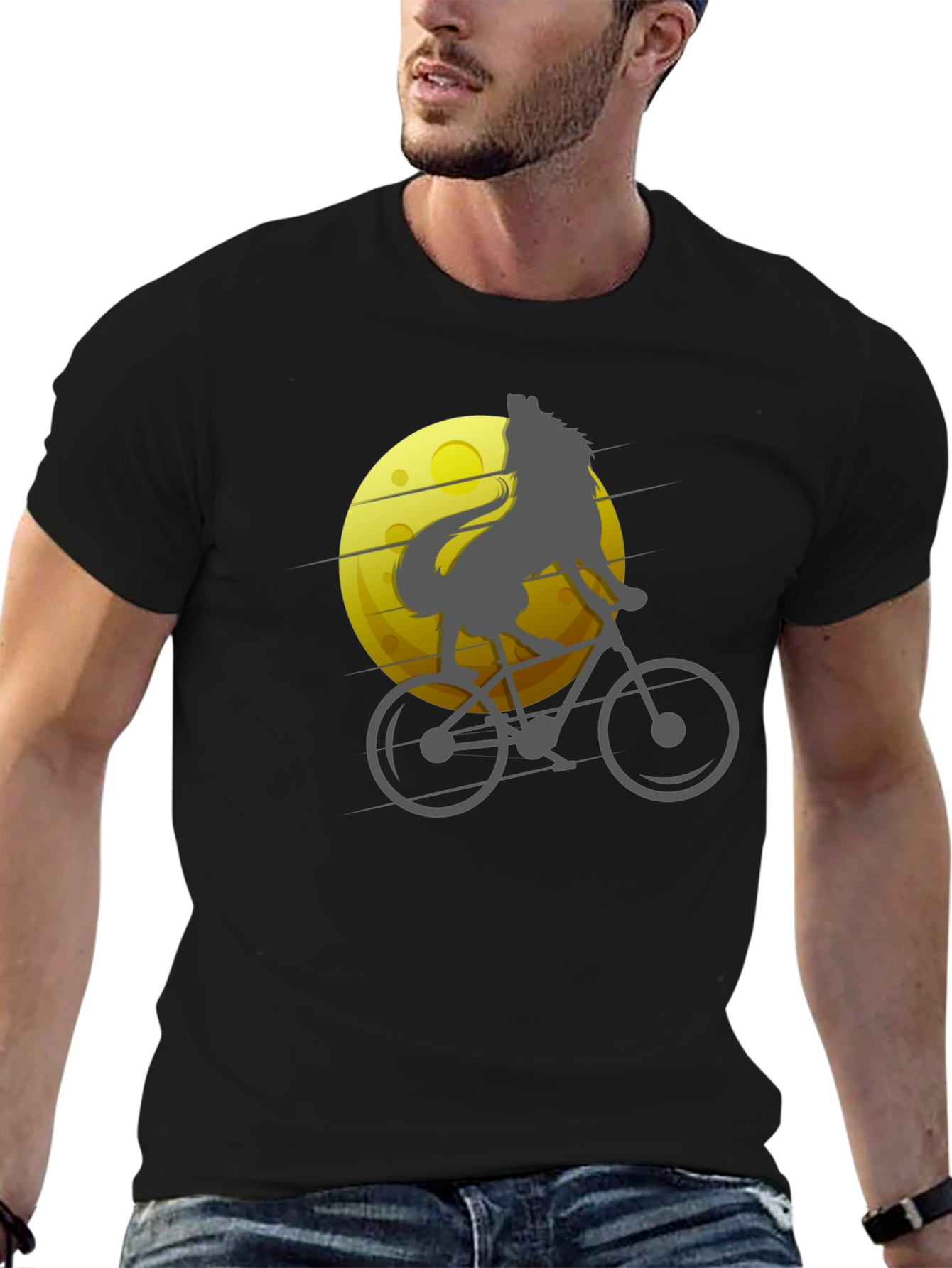 Black Wolf Riding Bike T-Shirt - Moon Graphic Tee view 6