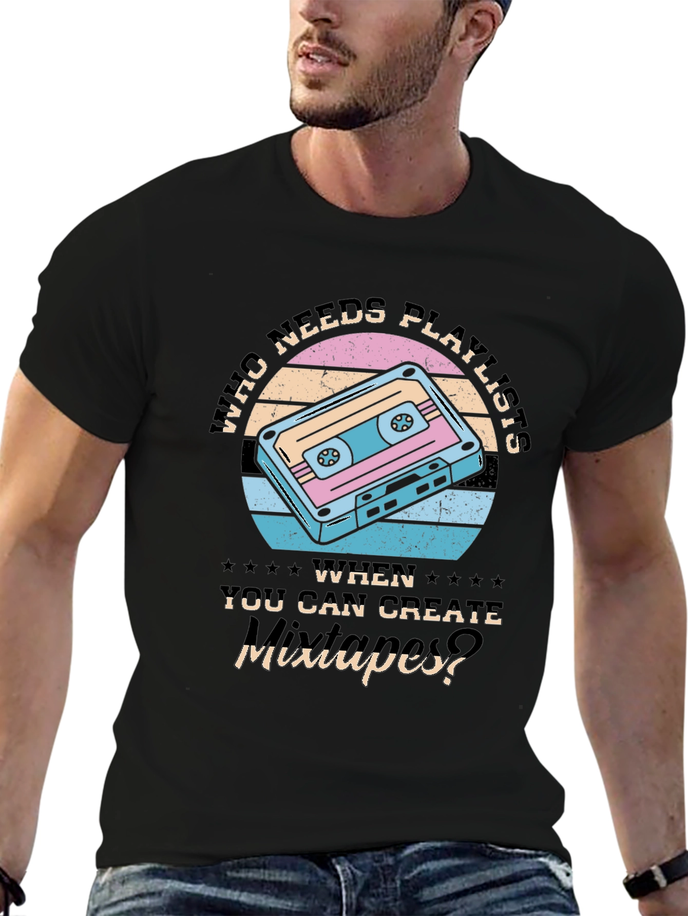 Black Retro Mixtape T-Shirt - Who Needs Playlists? view 6