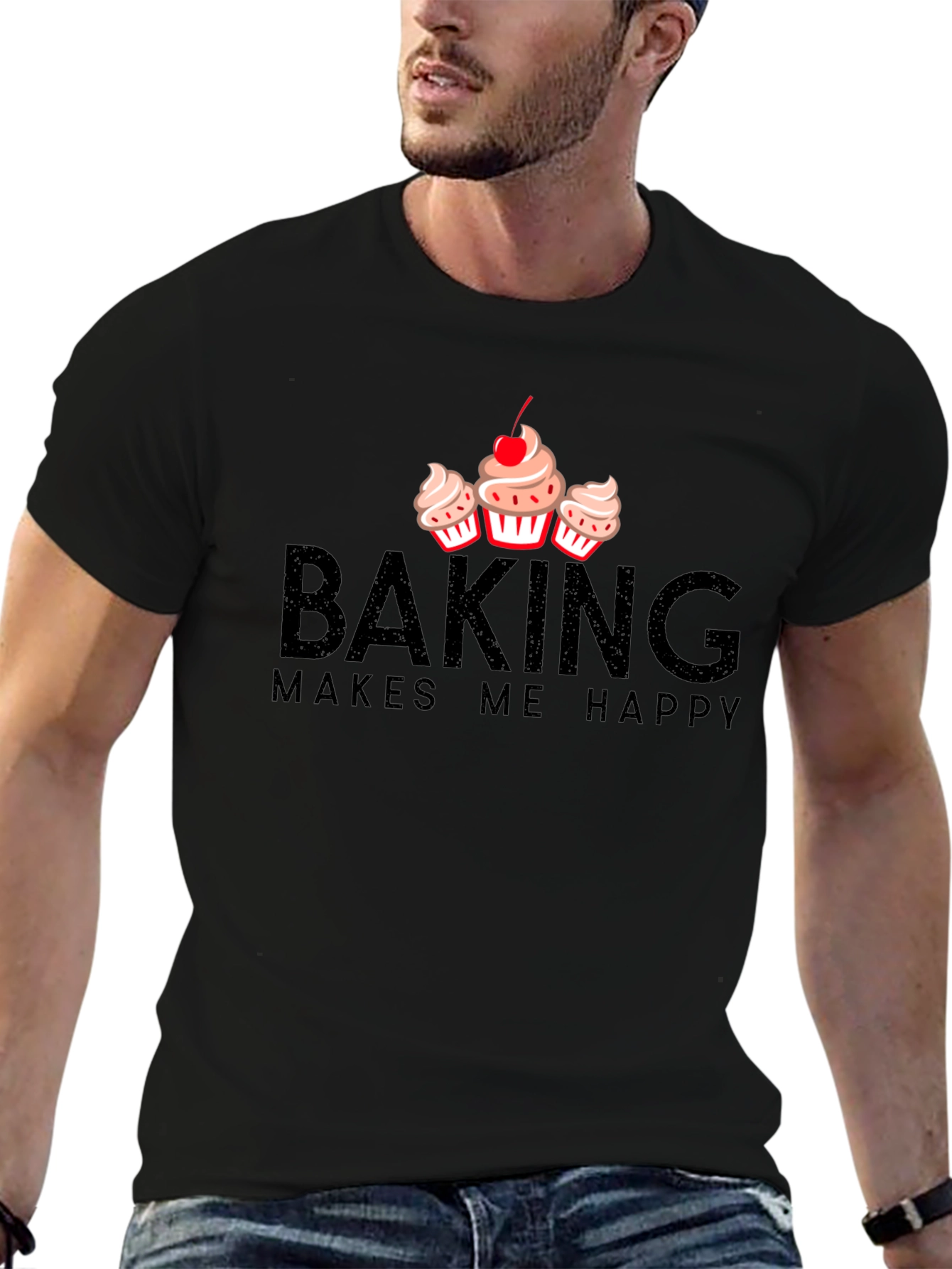 Black Baking Makes Me Happy T-Shirt - Cupcake Design view 6