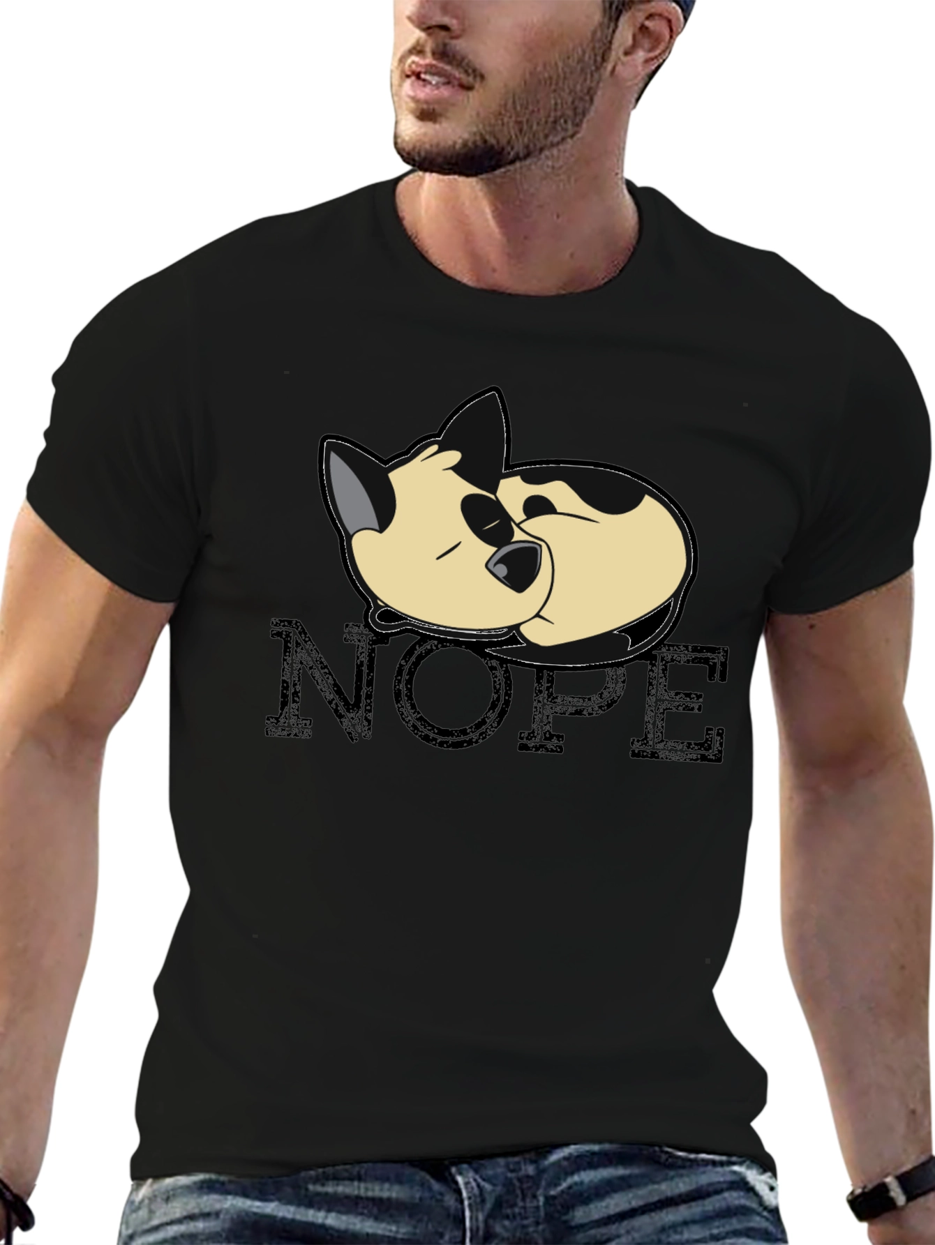 Black Nope Cat Black T-Shirt - Relaxed Sleepy Kitten Tee view 6