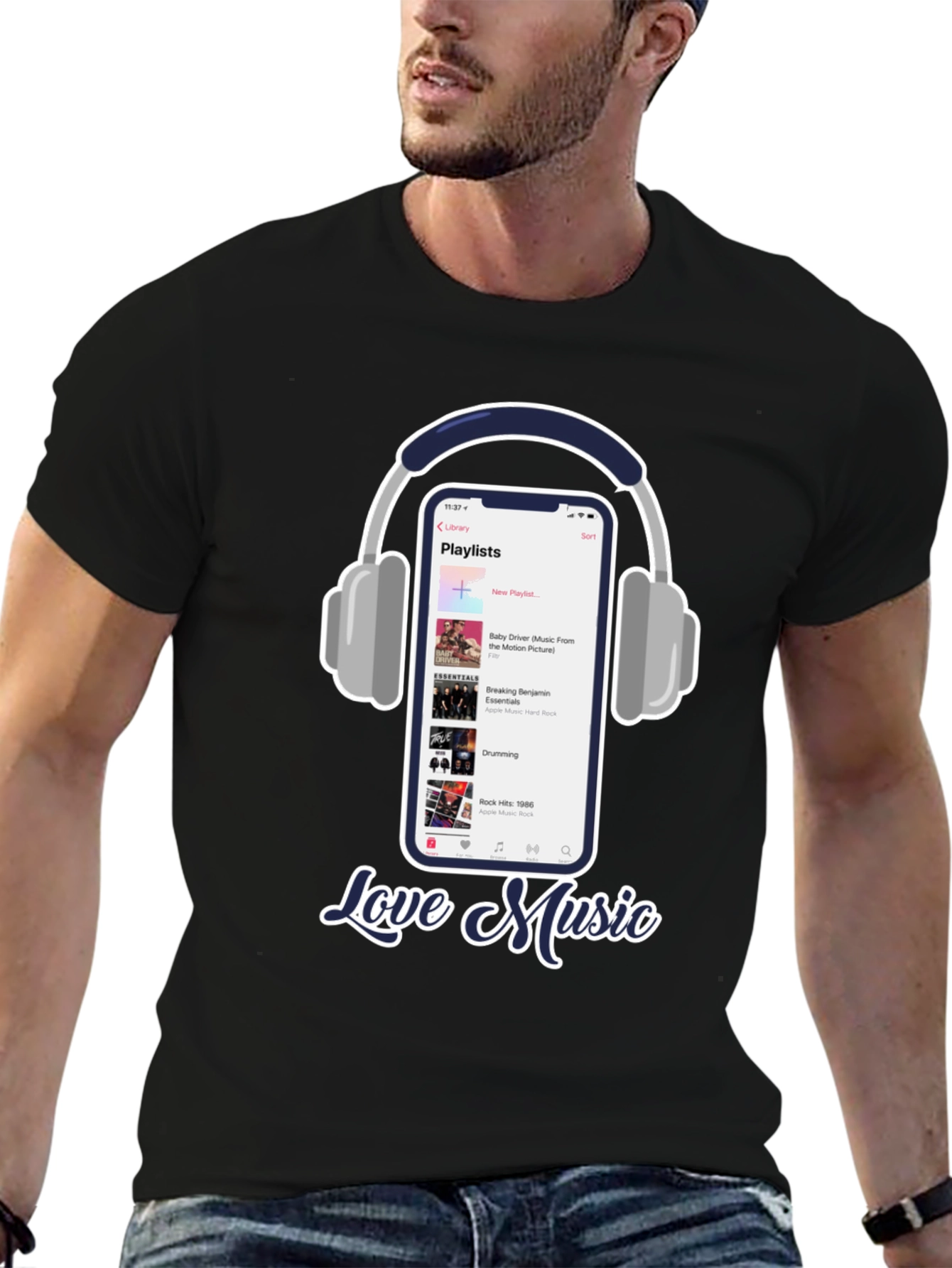 Black Love Music T-Shirt with Playlist & Headphones Design view 6
