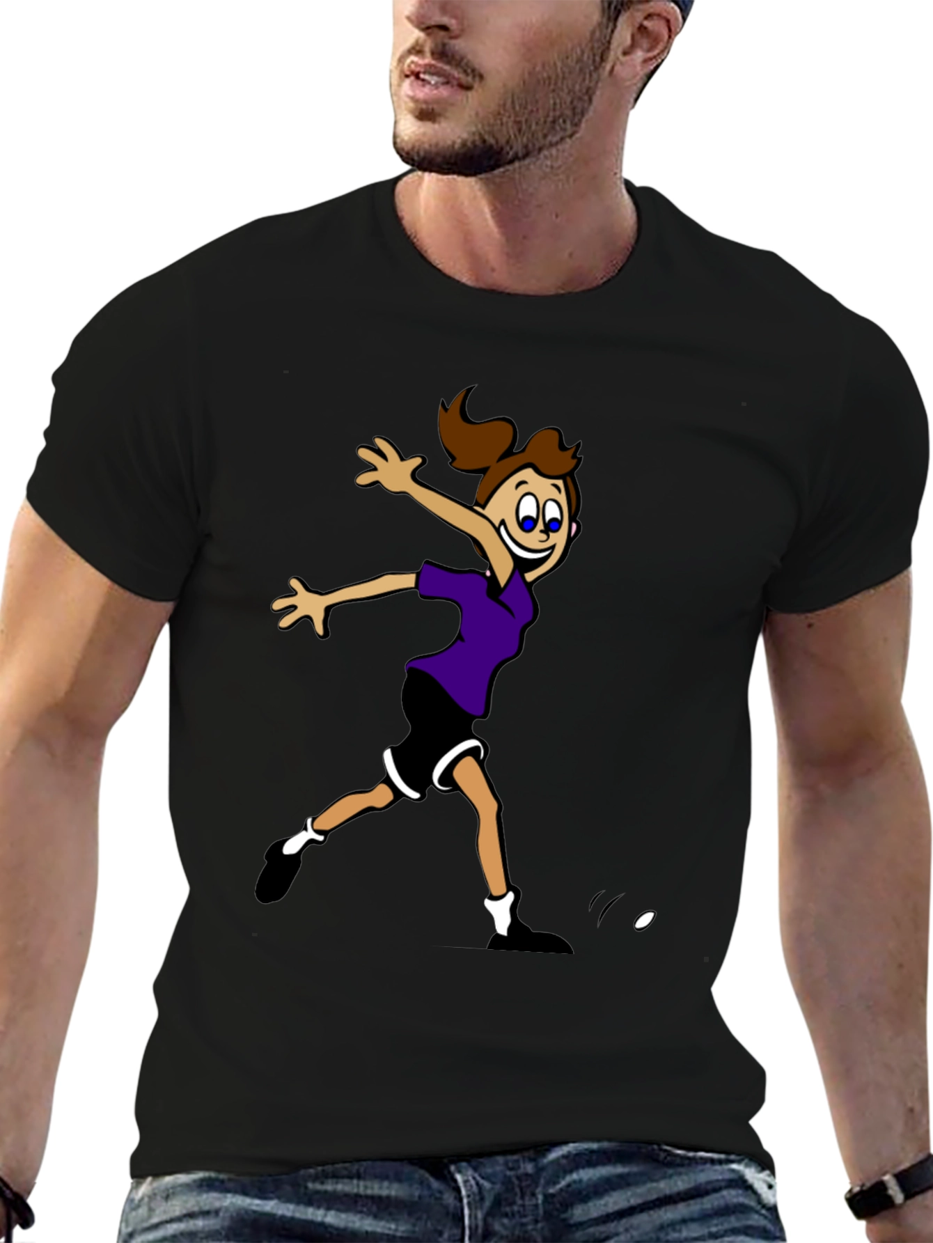 Black Cartoon Girl's Sporty Graphic Black T-Shirt view 6