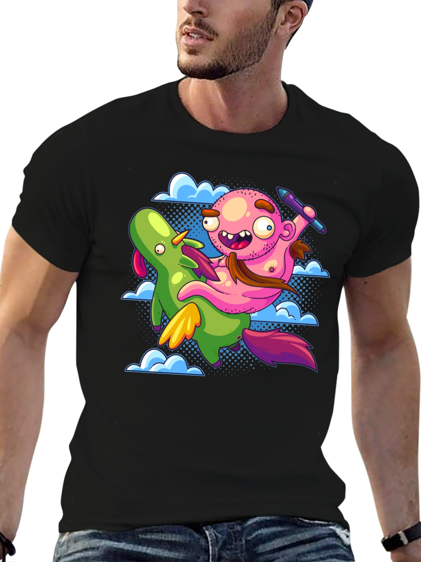 Black Cartoon Artist Riding Unicorn T-Shirt view 6