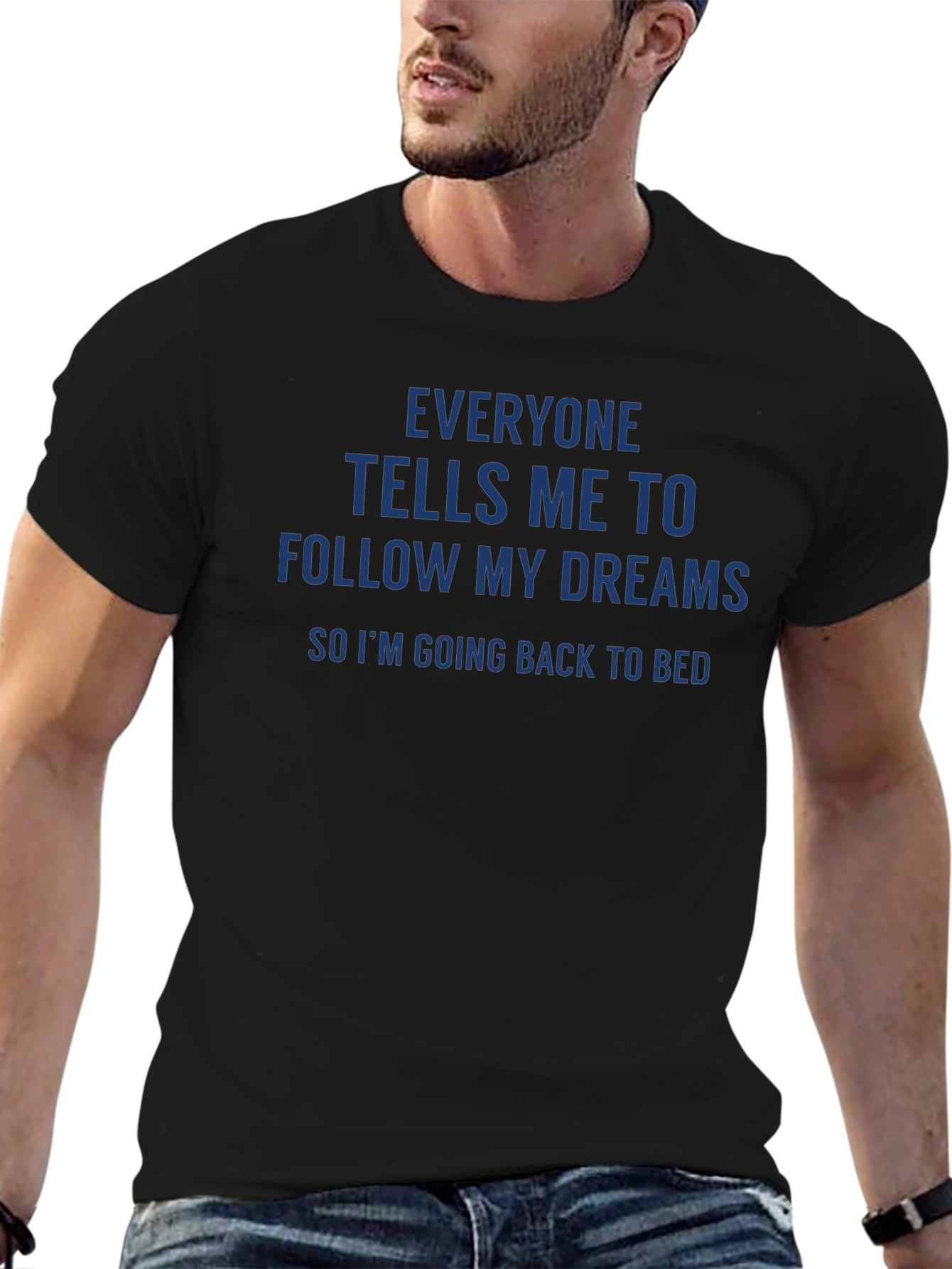 Black Funny Slogan Tee: Follow My Dreams - Back To Bed T-Shirt view 6