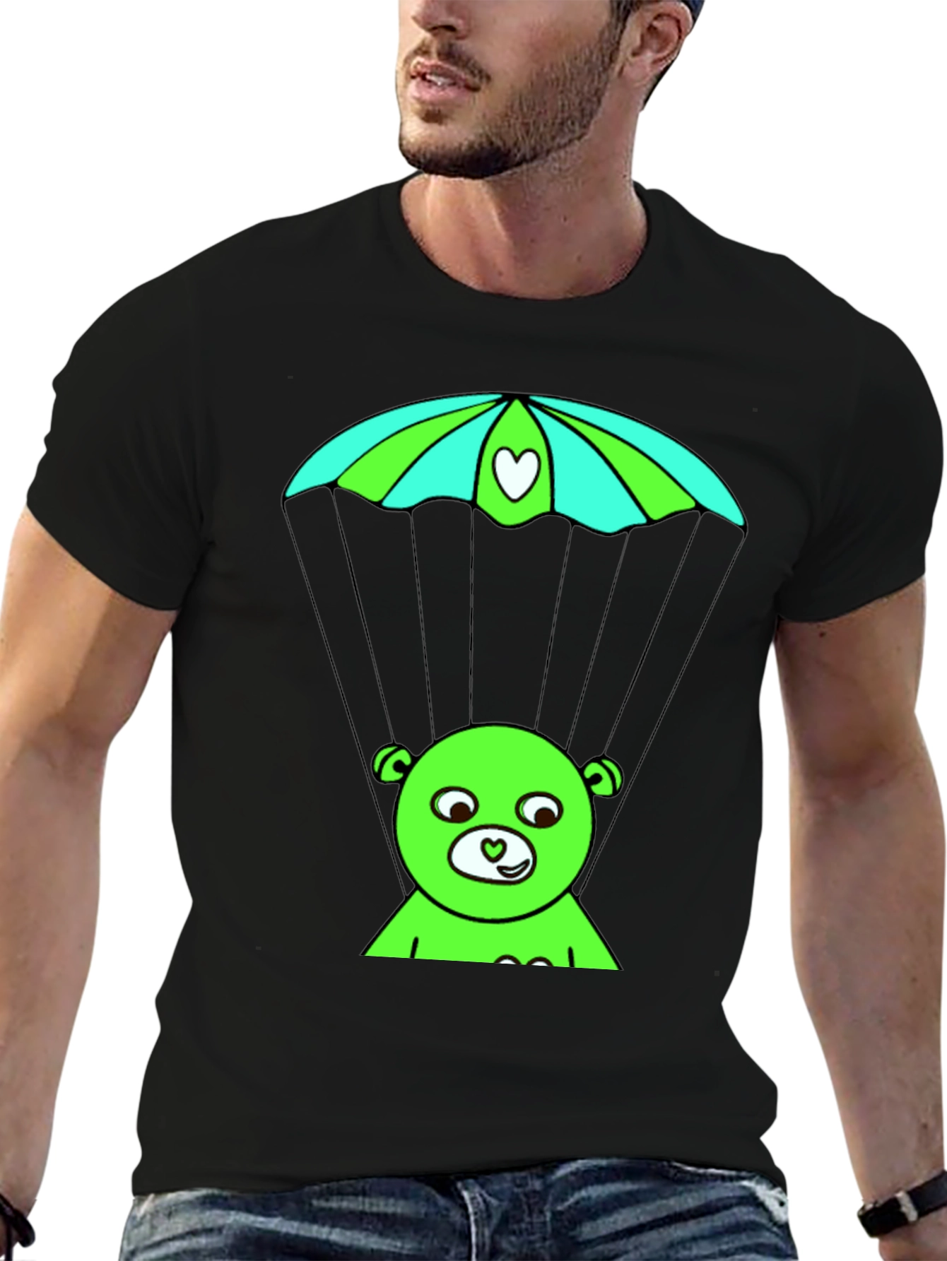 Black Whimsical Bear Parachute T-Shirt view 6