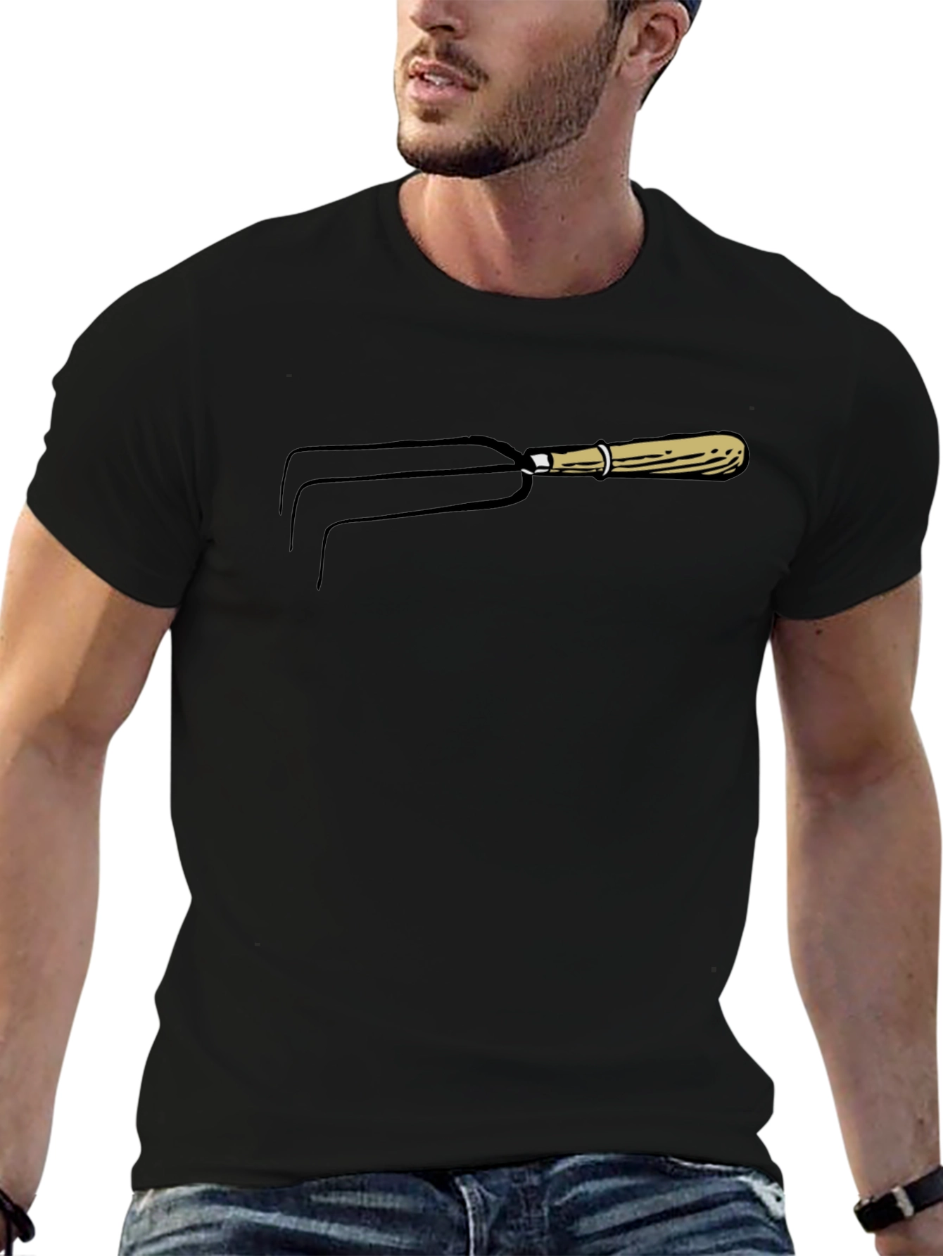 Black Gardener's Delight: Funny Three-Tine Pitchfork T-Shirt view 6