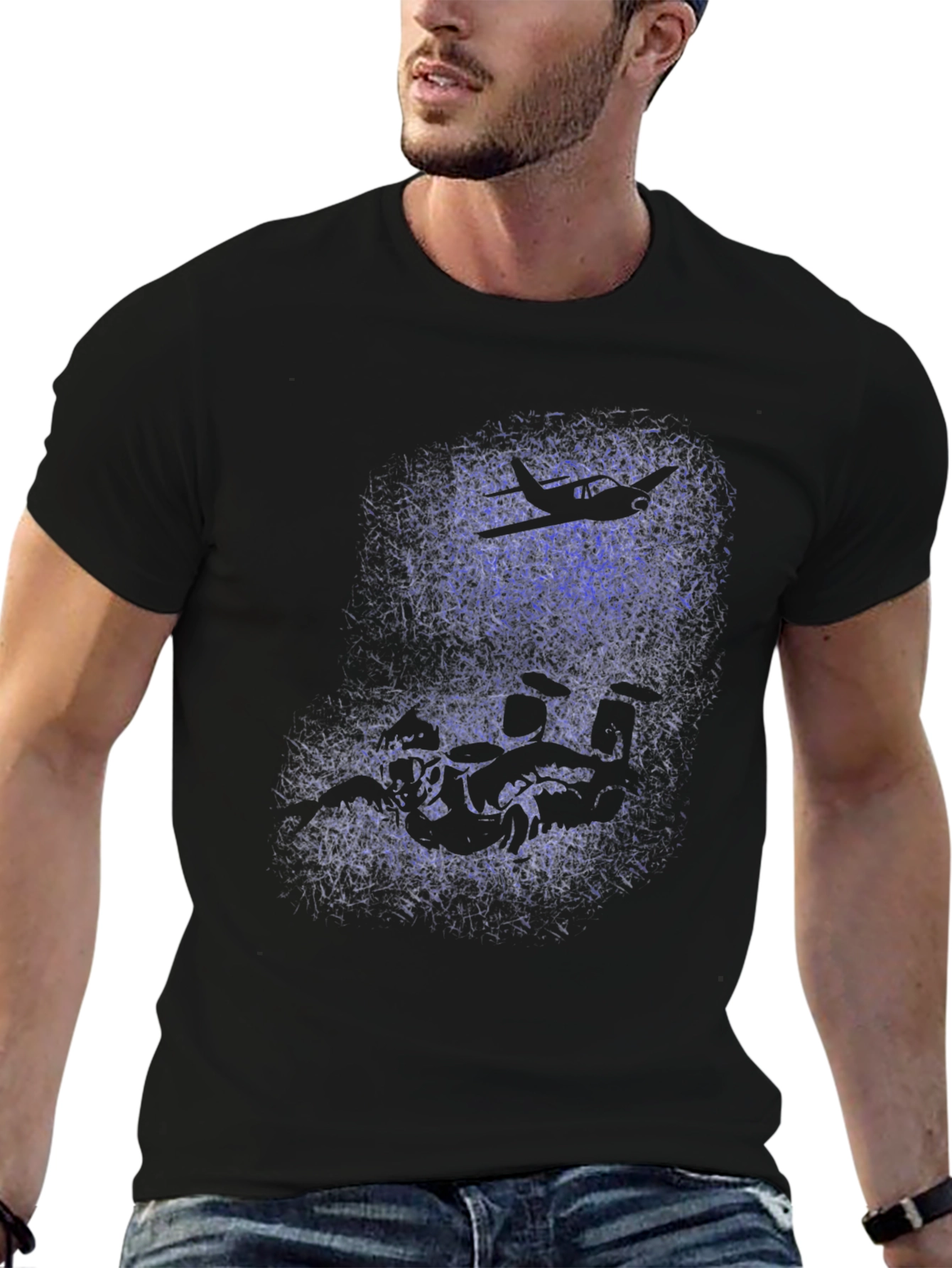 Black Skydiver & Airplane Graphic Black T-Shirt view 6