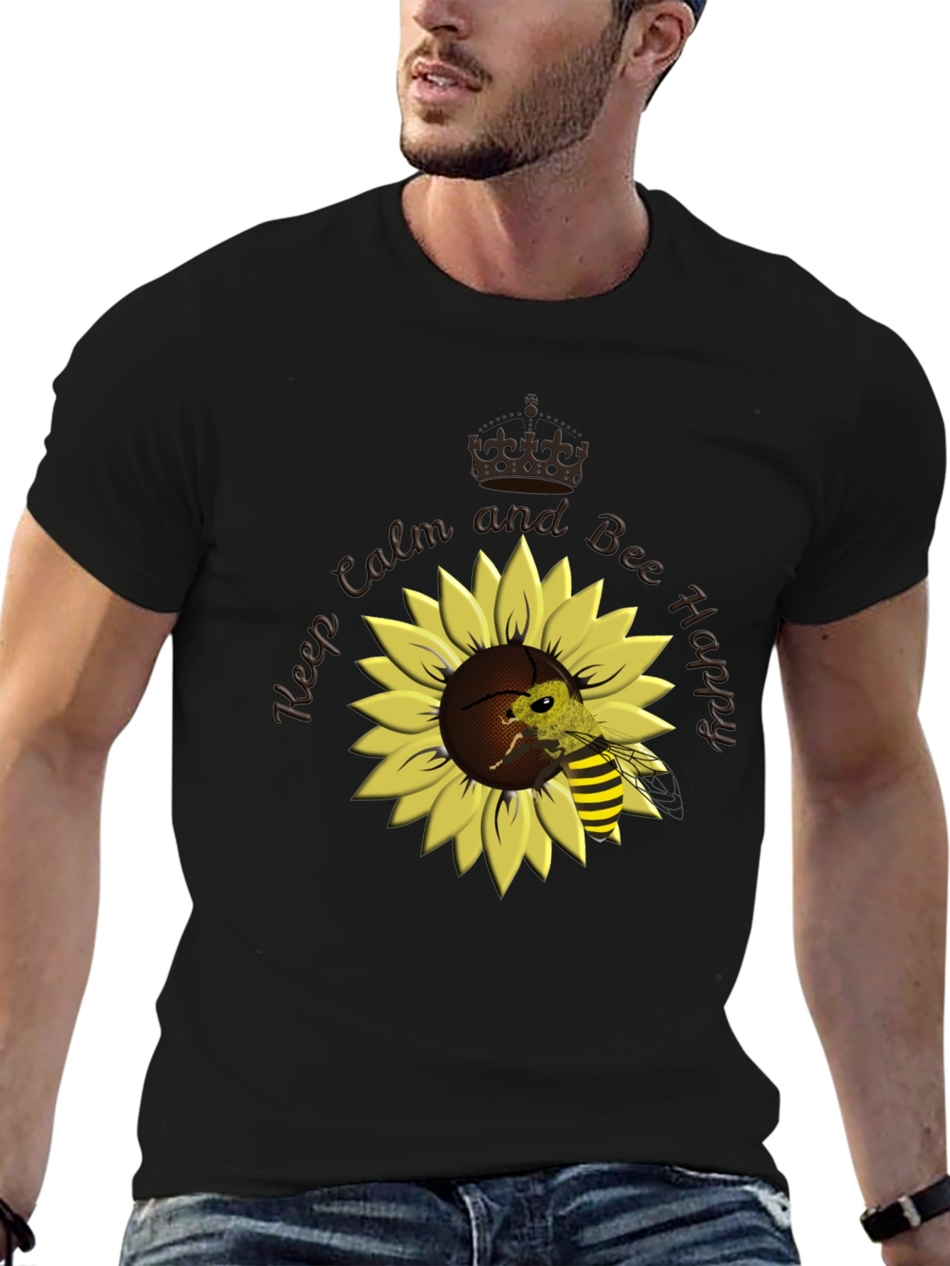 Black Keep Calm and Bee Happy Sunflower T-Shirt view 6