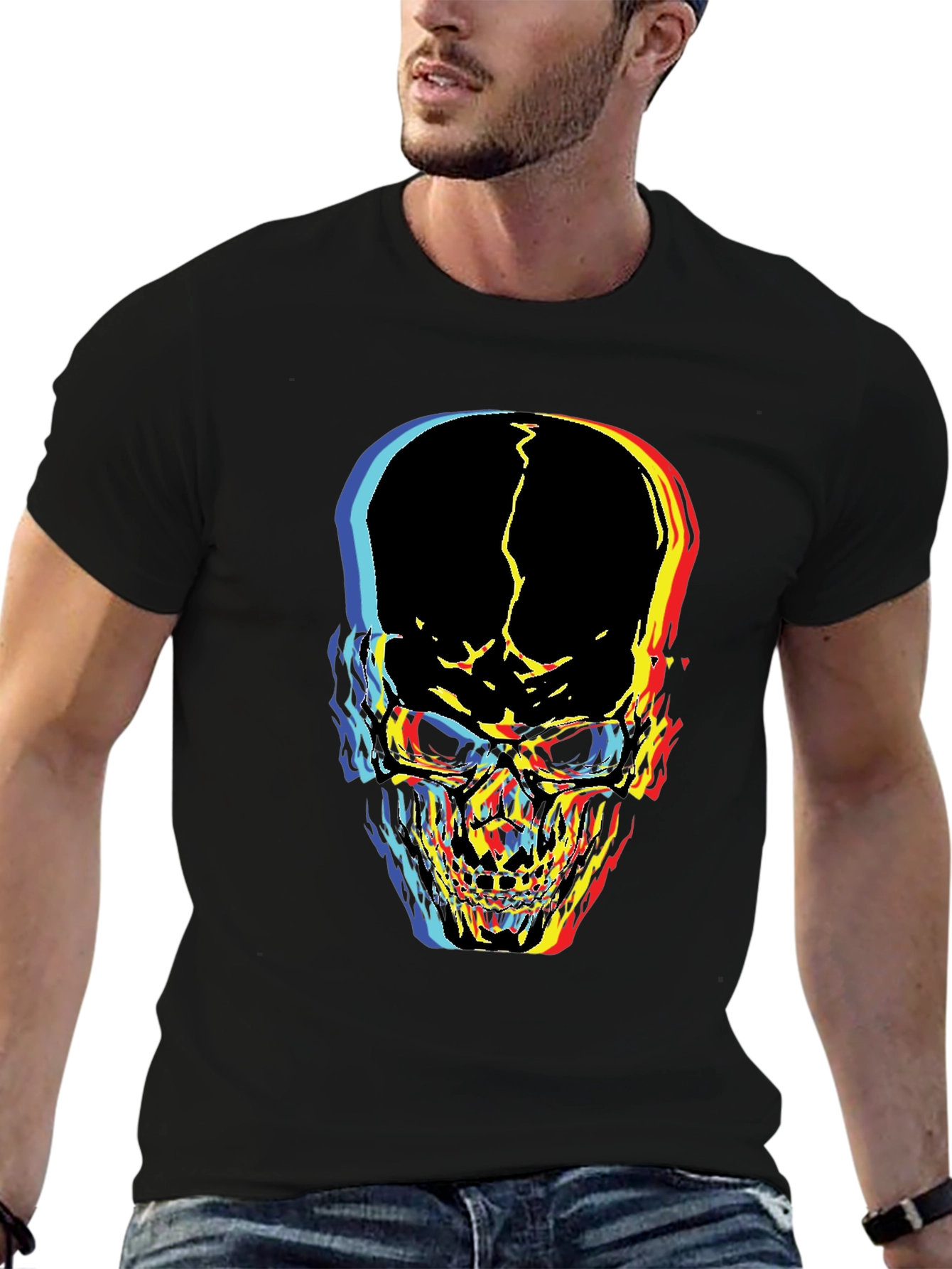 Black Distorted Skull Graphic Black T-Shirt view 6
