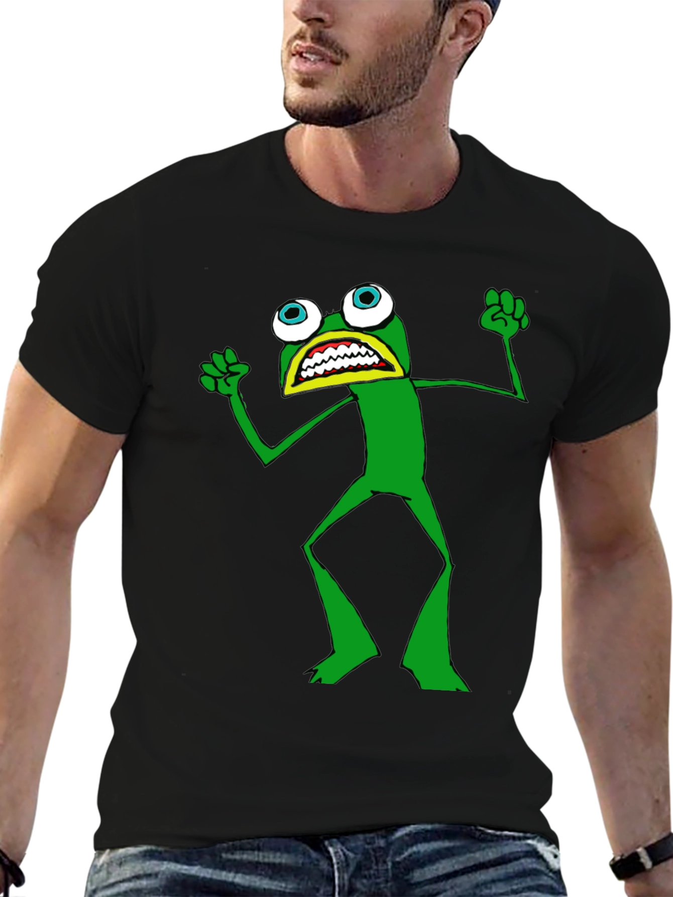Black Frog T-Shirt - Black Crew Neck, Funny Cartoon view 6