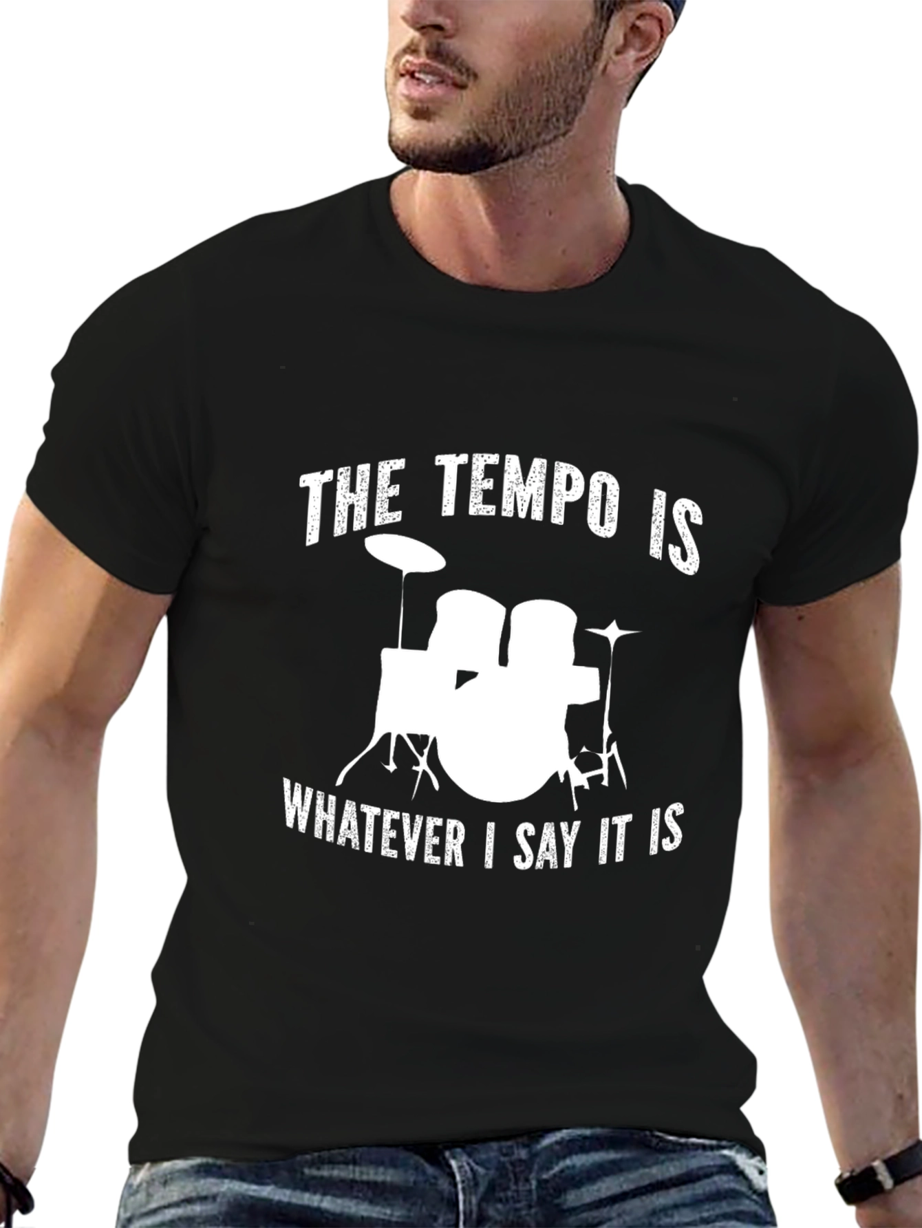 Black Drummer Tempo T-Shirt - Funny Music Tee view 6