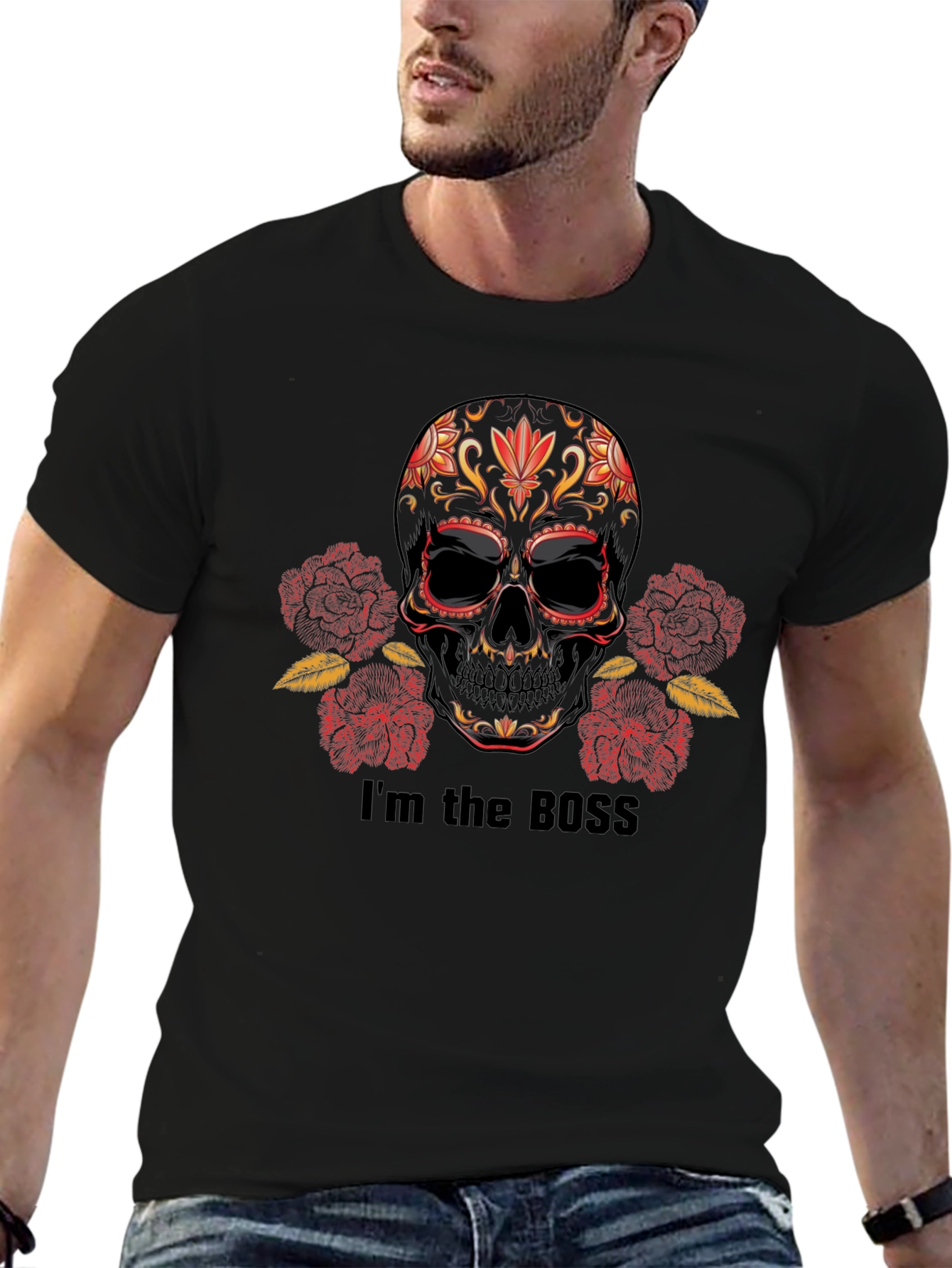 Black I'm the Boss Sugar Skull T-Shirt view 6