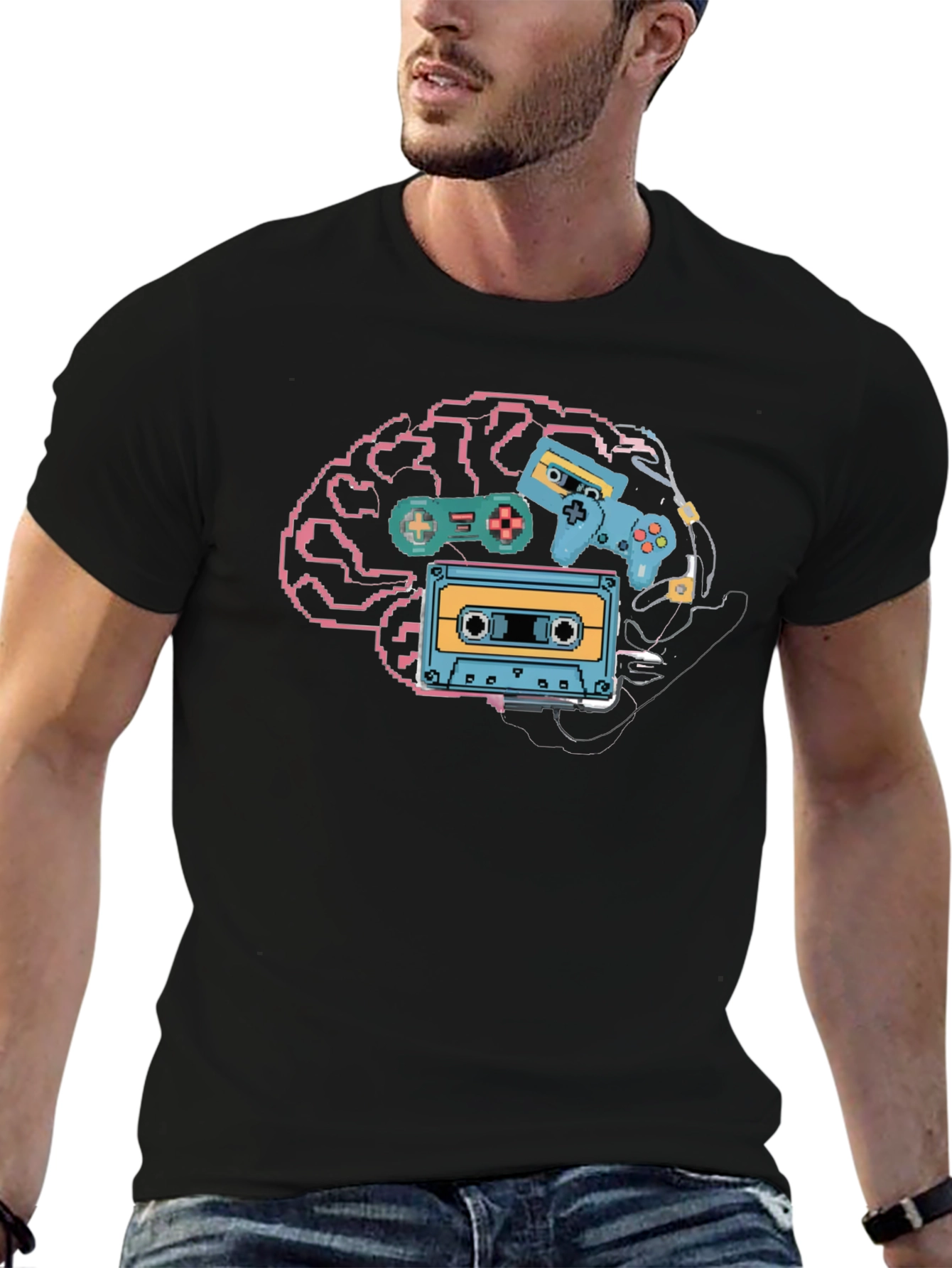 Black Retro Gamer Brain T-Shirt - Pixel Art Style view 6