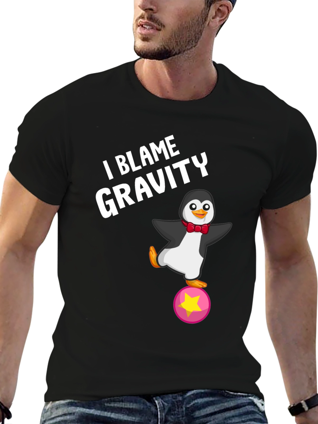 Black I Blame Gravity Penguin T-Shirt view 6