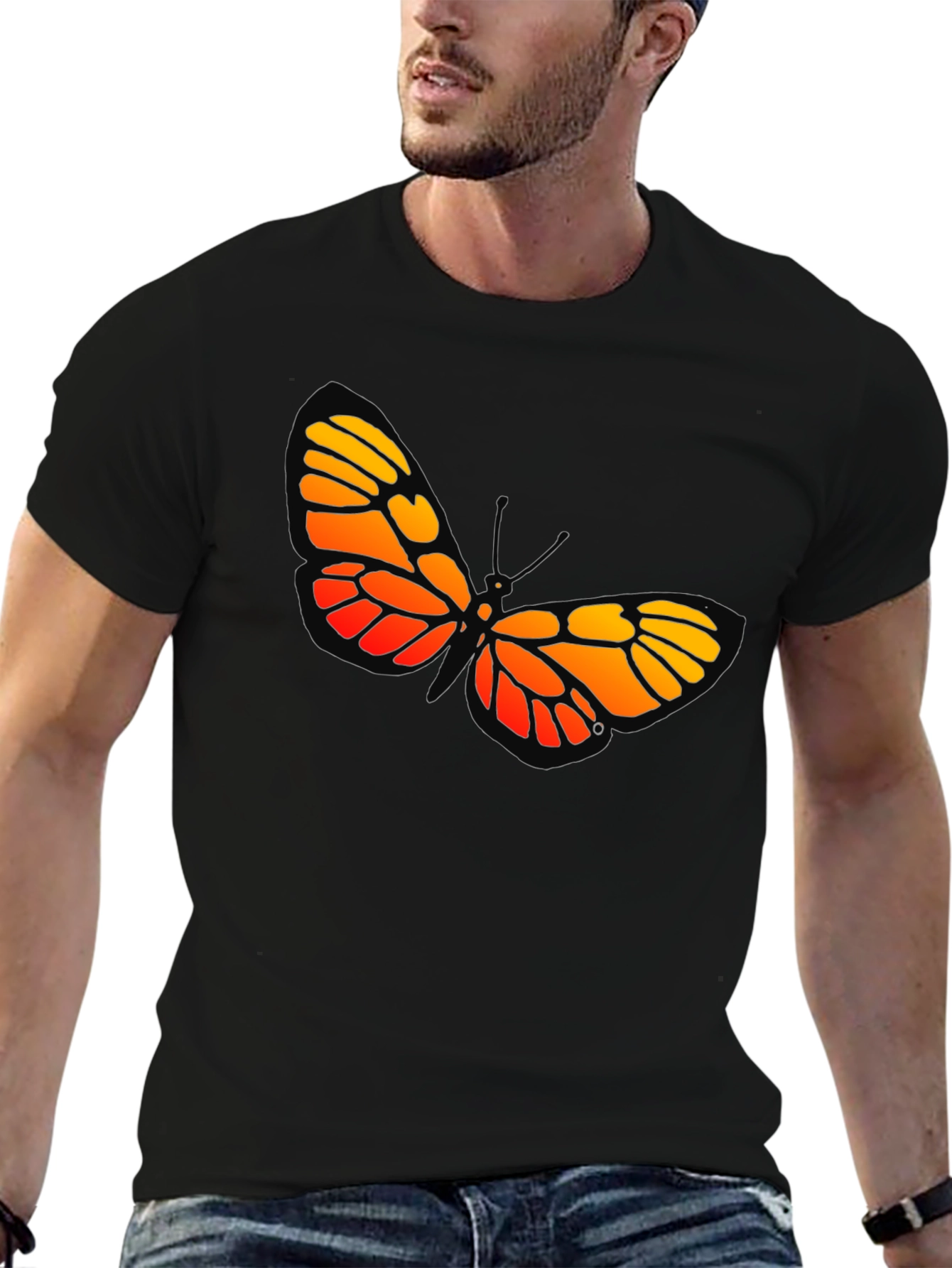 Black Butterfly Graphic Tee - Bold Orange and Yellow Design view 6